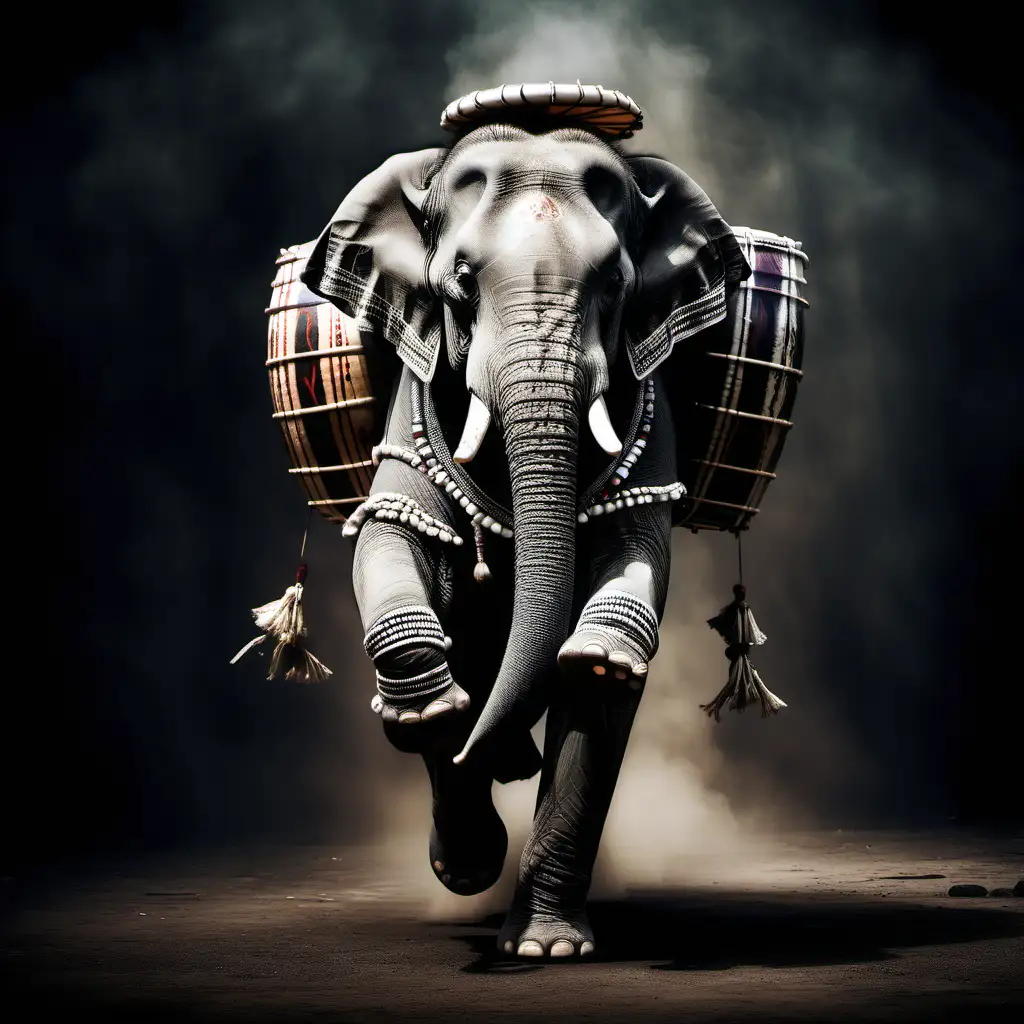 an elephant carrying tribal drums, dark setting
