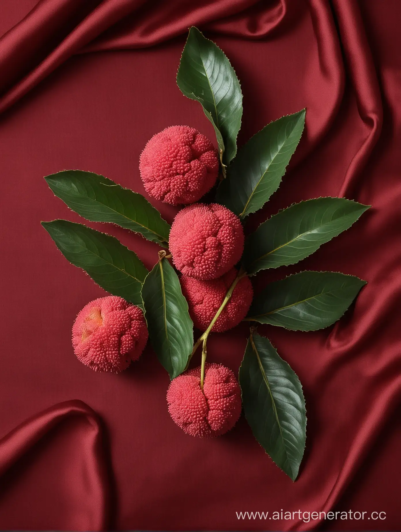 Lychee with green leaves on dark red silk cloth
