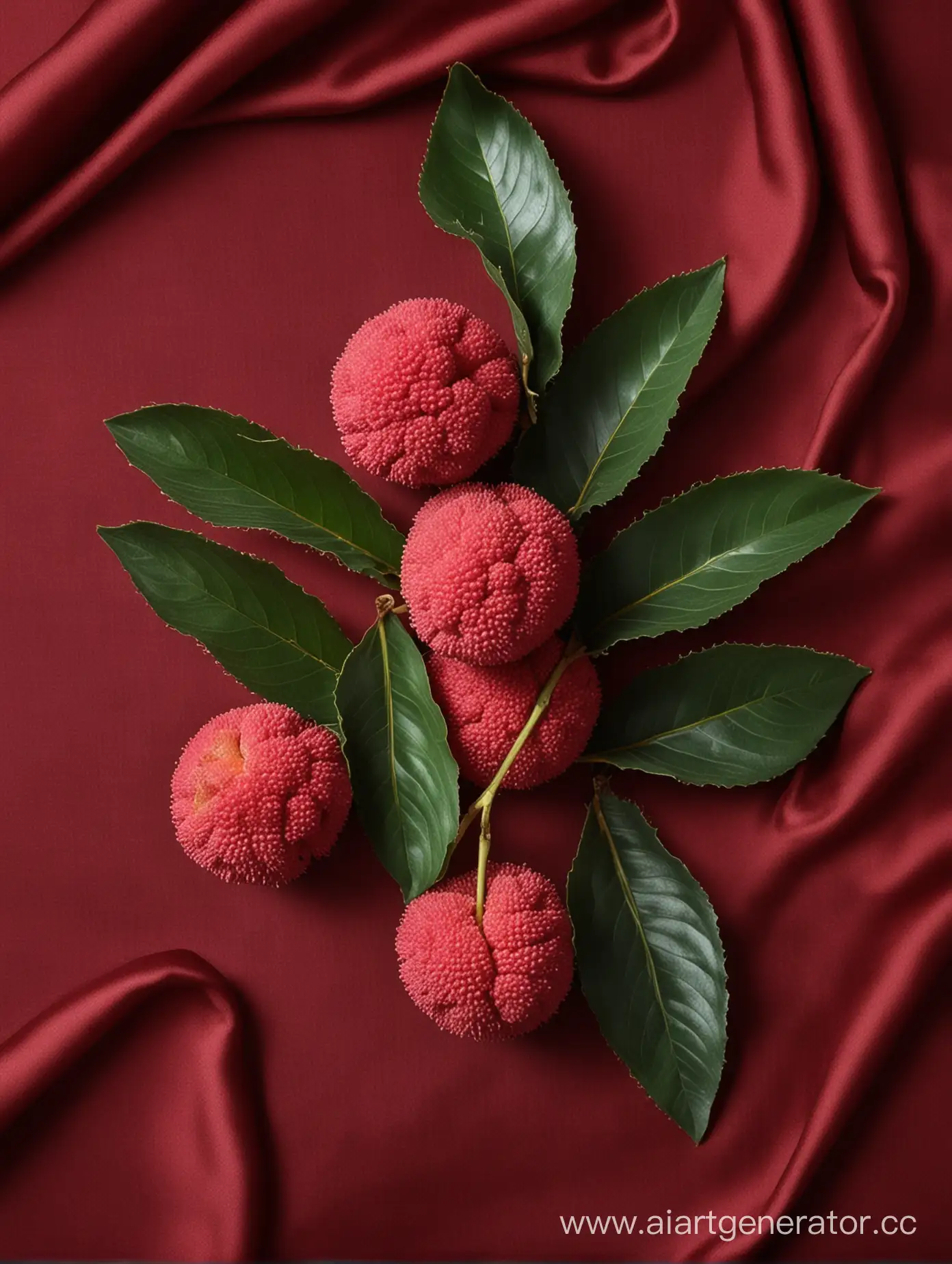 Fresh-Lychees-with-Verdant-Foliage-on-Rich-Dark-Red-Silk-Cloth