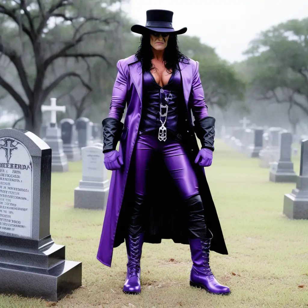 Michelle McCool as The Undertaker purple with grey accents on his tie, purple gloves, and purple boot covers in a Florida cemetery in storm with thunder and lightning 

