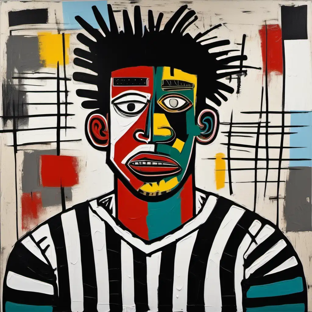 Peinture d'un rugbyman style art moderne inspiré de jean Michel   basquiat et pablo picasso
