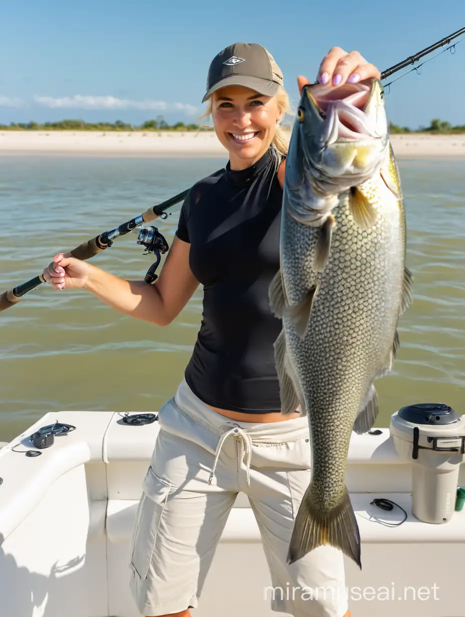 blonde girl in bikini, flirting smile, with a fishing rod as fisherman cached big fish holding on hand, wearing small top and shorts, Caucasian 35 years old female, looking straight to camera