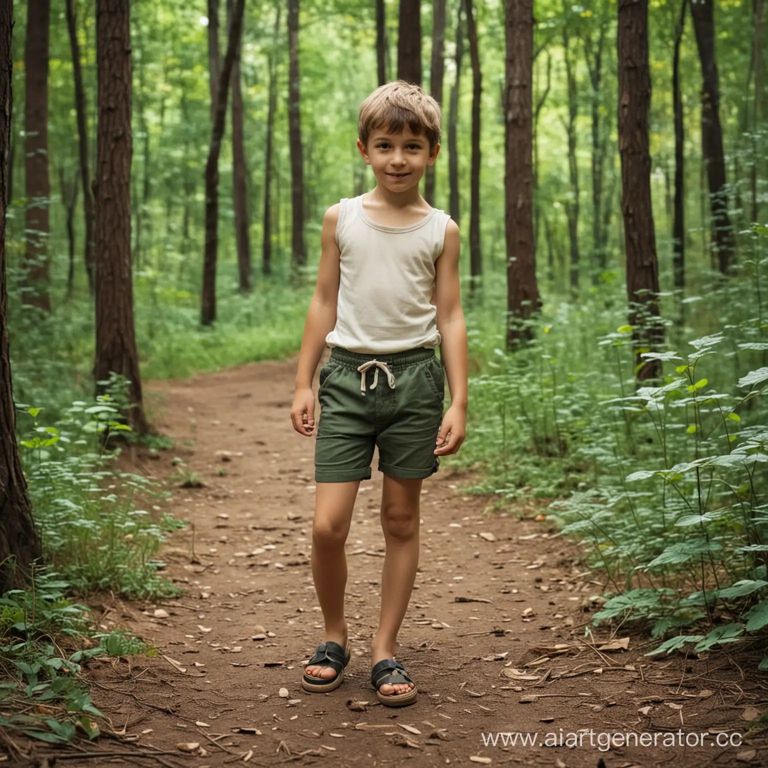 Мальчик в коротких шортах в лесу
