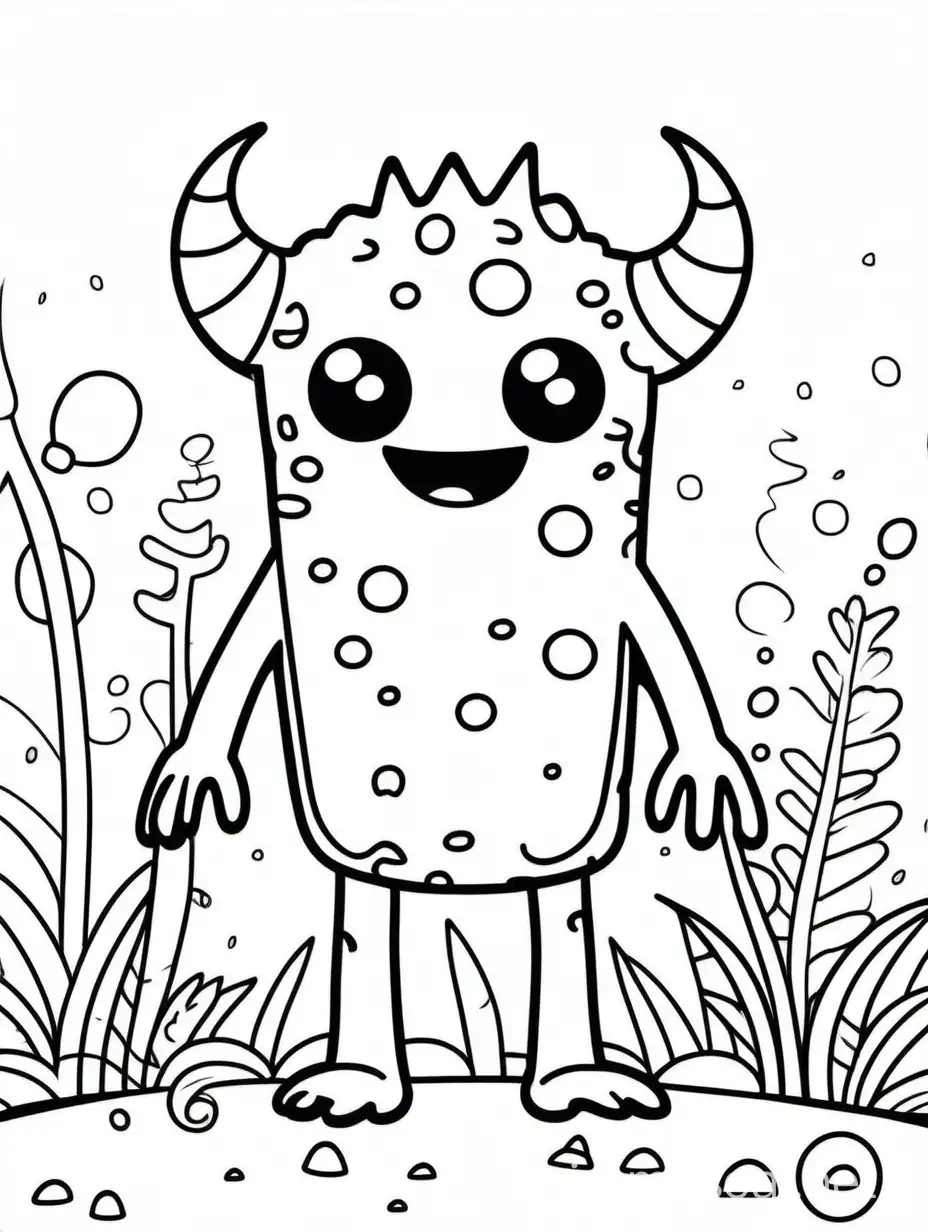 can you create a cute monster for a kids themed coloring book page, no colors, no black infill, no grey infill, thin lines, high dof, 8k, ar 85:110, Simple line art, One line, line art, Clean and minimalistic lines, Simple detail Minimalism Line drawing, fun child friendly background, low detail