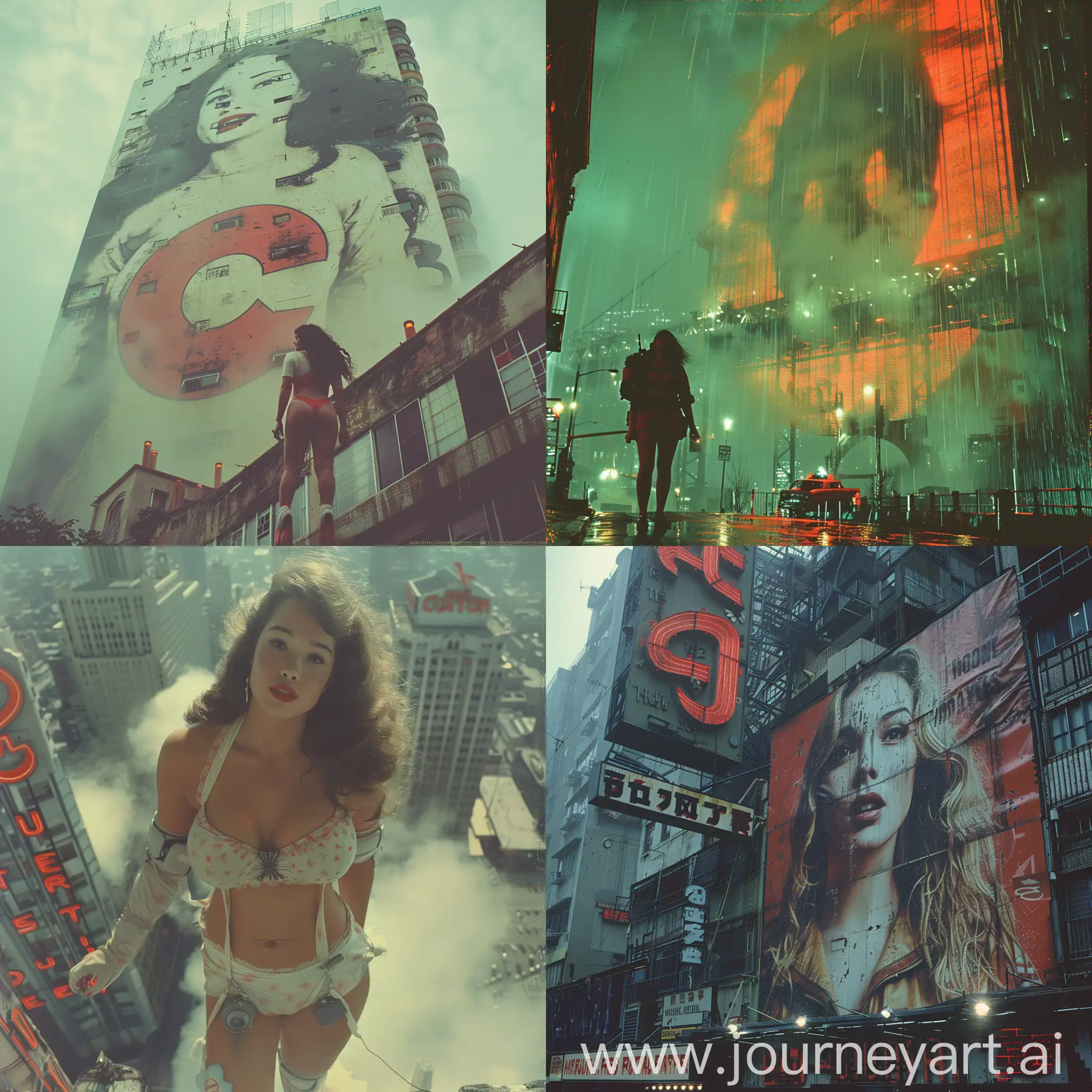 giant woman  whit big tits ghost on buildings, cinematic film still of Ghostbusters, ghost, emphasizing the iconic cyan adn red palette of that era's cinema, fog, and mist to set the mood, Feature,
(masterpiece, best quality), unsettling, dark, spooky, suspenseful, grim, highly detailed <lora:80s_horror_poster_style:1>, shallow depth of field, vignette, highly detailed, high budget, bokeh, cinemascope, moody, epic, gorgeous, film grain, grainy --style raw --stylize 750