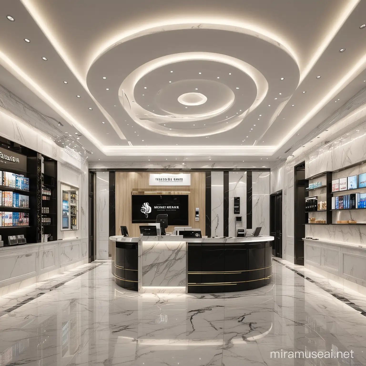 money transfer, ultra design for shop, including cellphone area, money transfer reception, floor marble , white and black, ceiling , 3d , elevation