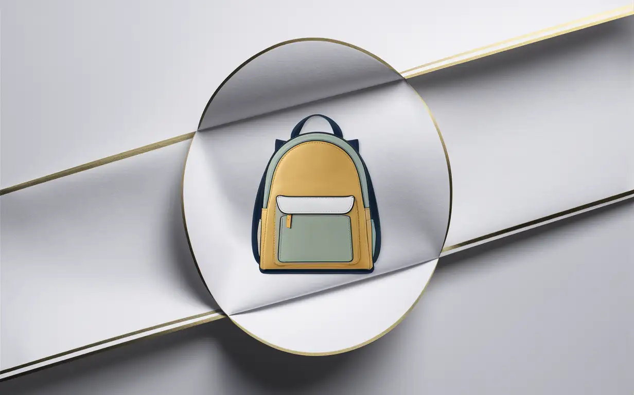 Logo: Very smaller backpack(very simplified, golden, light green, navy blue) inner a long horizontal white oval paper with beautiful golden border.
Background: white