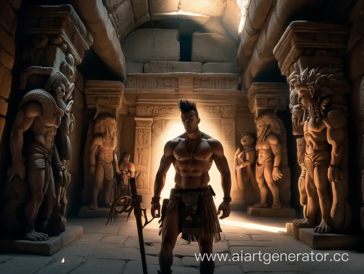 Photographic,absurdres,masterpiece,sharp focus,extreme detail description,male focus,muscular,abs, An adventurous guy with a mohawk, exploring an ancient ruin. He's surrounded by mysterious shadowy figures, and his torch casts eerie shadows on the walls, (mysterious, ancient, shadowy lighting).