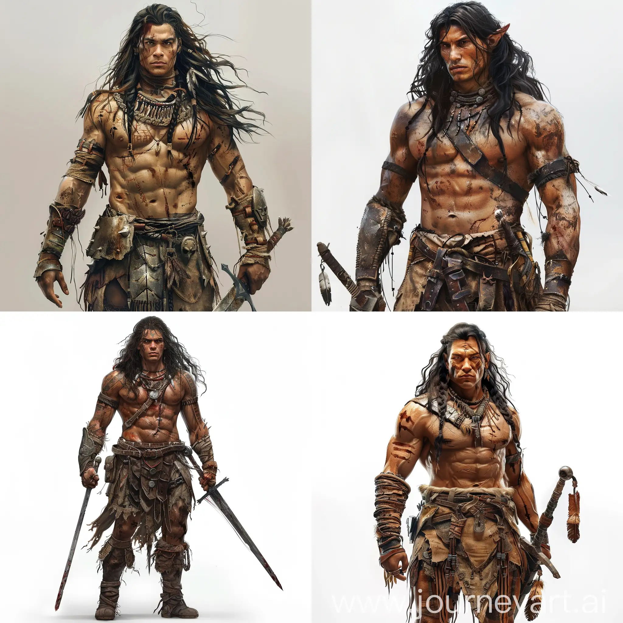 A realistic depiction of a male human with tan skin and long wavy black hair. He has Native American physical features. full body. ultra realistic. He wear old mismatched armor and carries one long sword.  blank background. He has scars on his face and a fit body. 