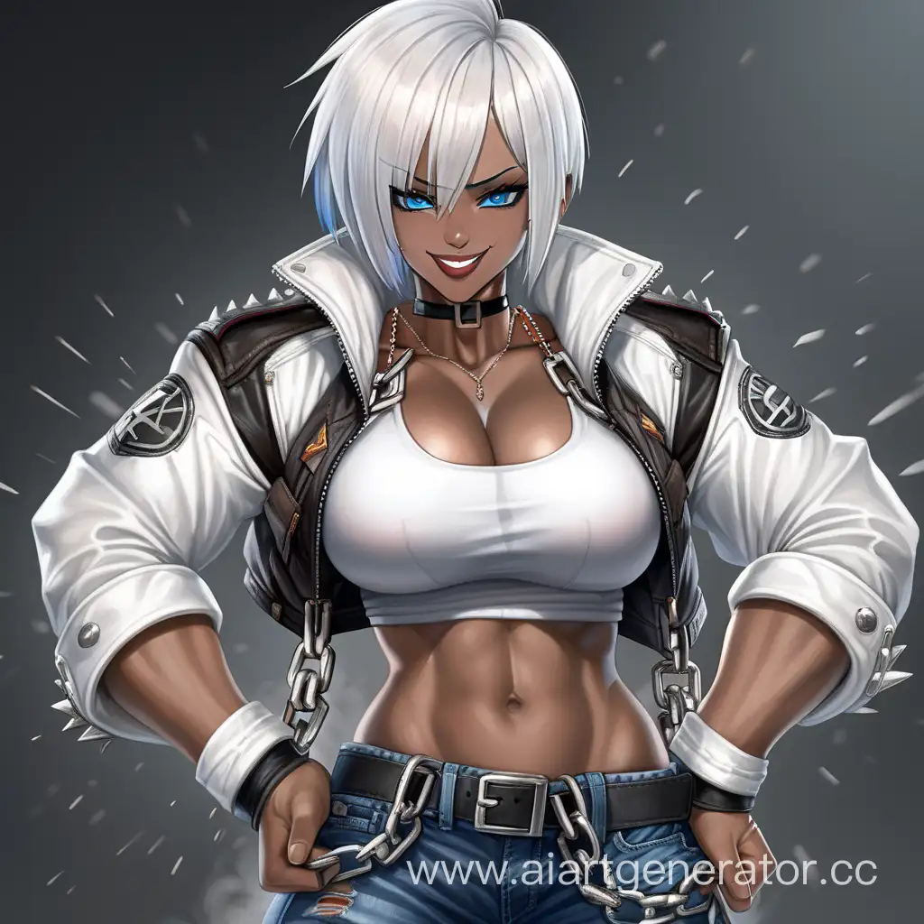 Battle Field, 1 Person, Women, Human,  White Hair, Short hair, Spiky Hairstyle, Dark Brown Skin, White Jacet, White Shirt, Black Jeans, Chocer, Chains, Black Lipstick, Serious smile, Big Breasts, Blue-eyes, Sharp Eyes, Flexing Muscles, Big Muscular Arms, Big Muscular Legs, Well-toned body, Muscular body, Red Smoke 