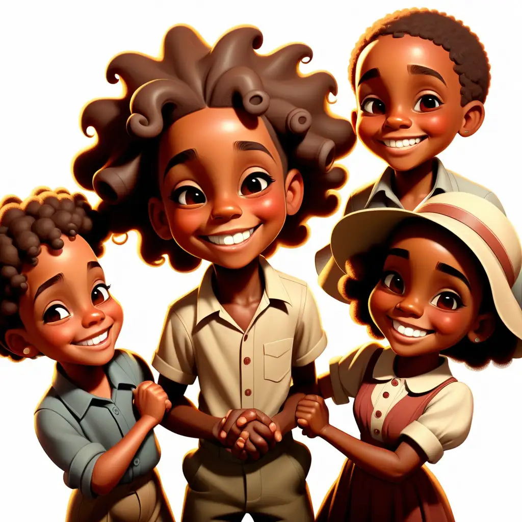 1900s cartoon style African American kids holding hands in a circle smiling 