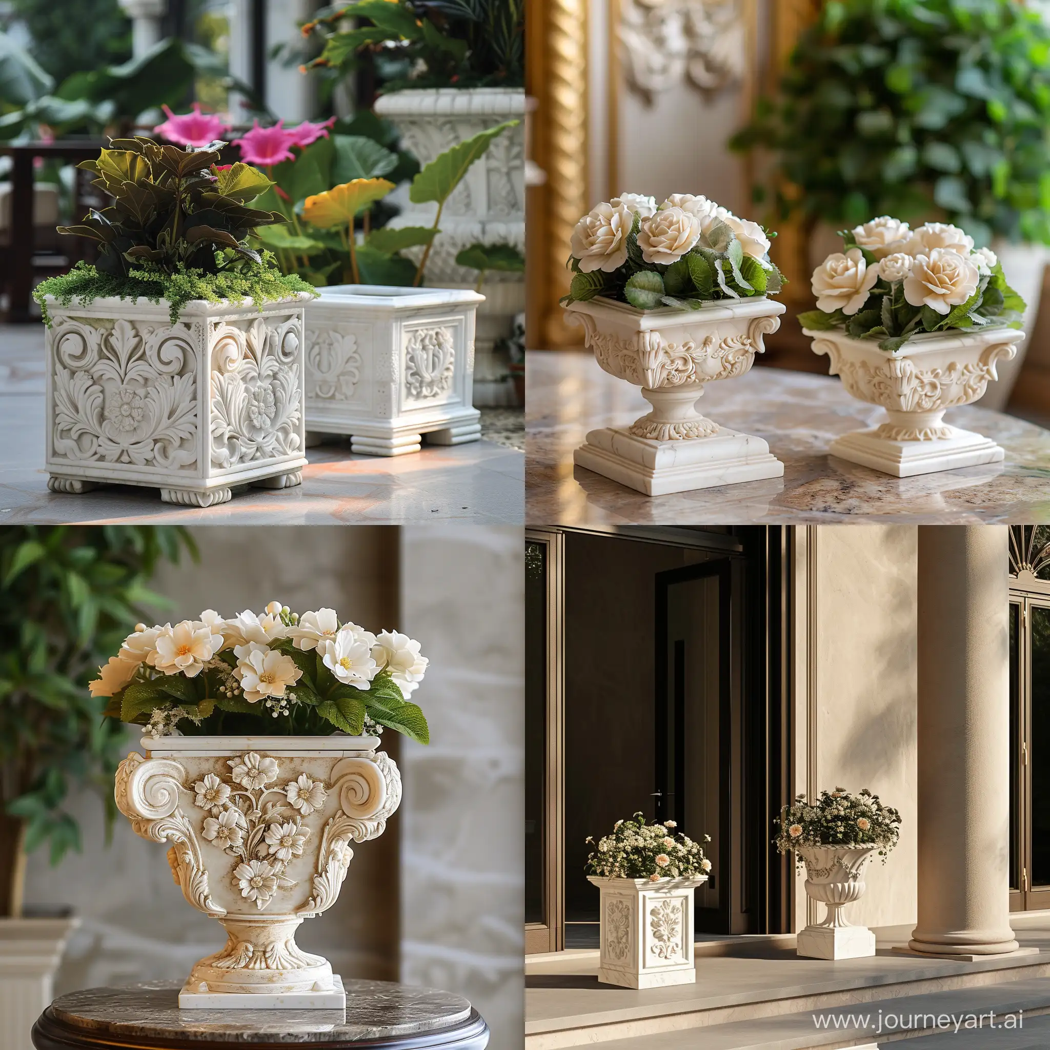 Elegant-Marble-Rococo-Villa-with-Square-and-Round-Flowerpots