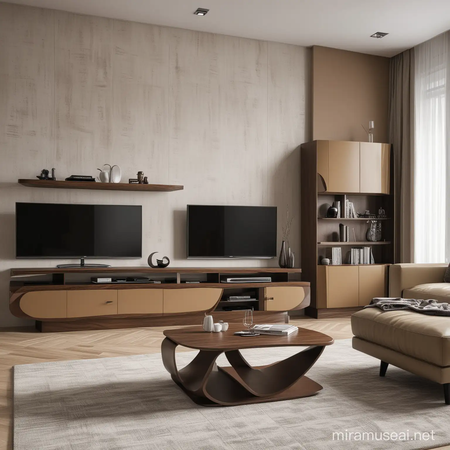 Modern Wooden TV Stand with Matching Table and Ottoman for Small Houses in Futuristic Villa