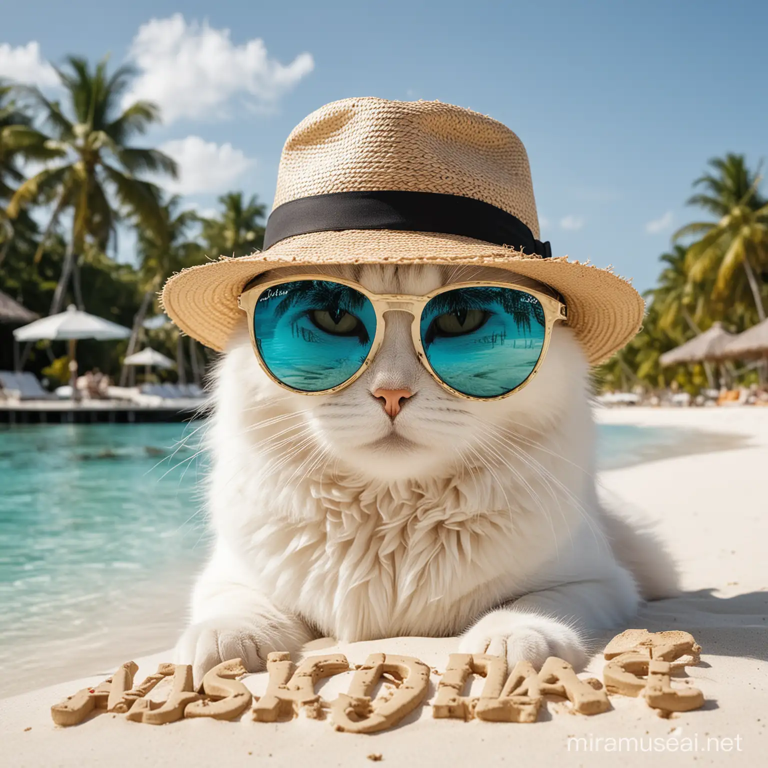 Elegant Fluffy Cat in Straw Hat and Sunglasses on Maldives Beach