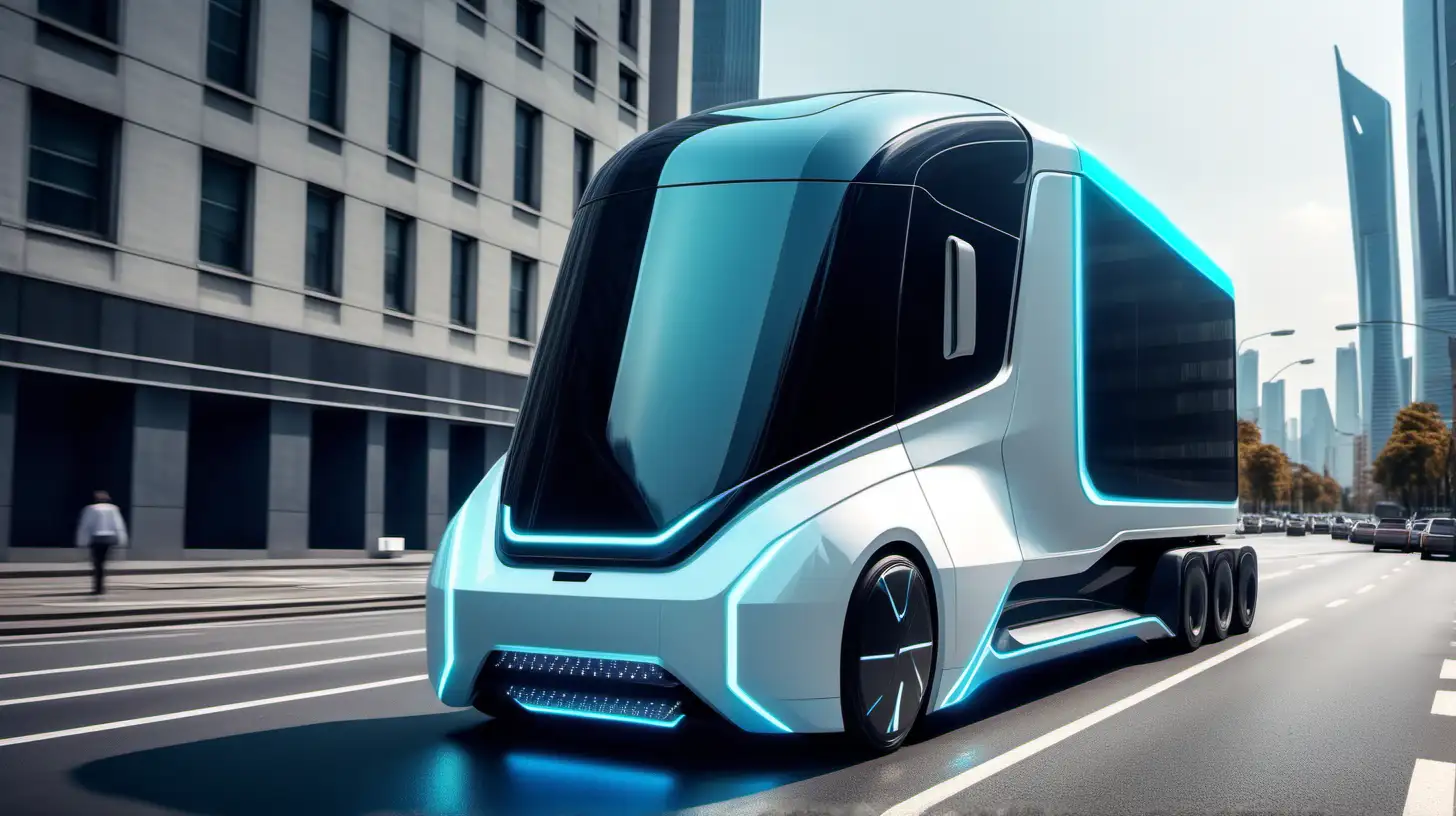 Futuristic Electric Autonomous Truck Driving Through Urban Landscape