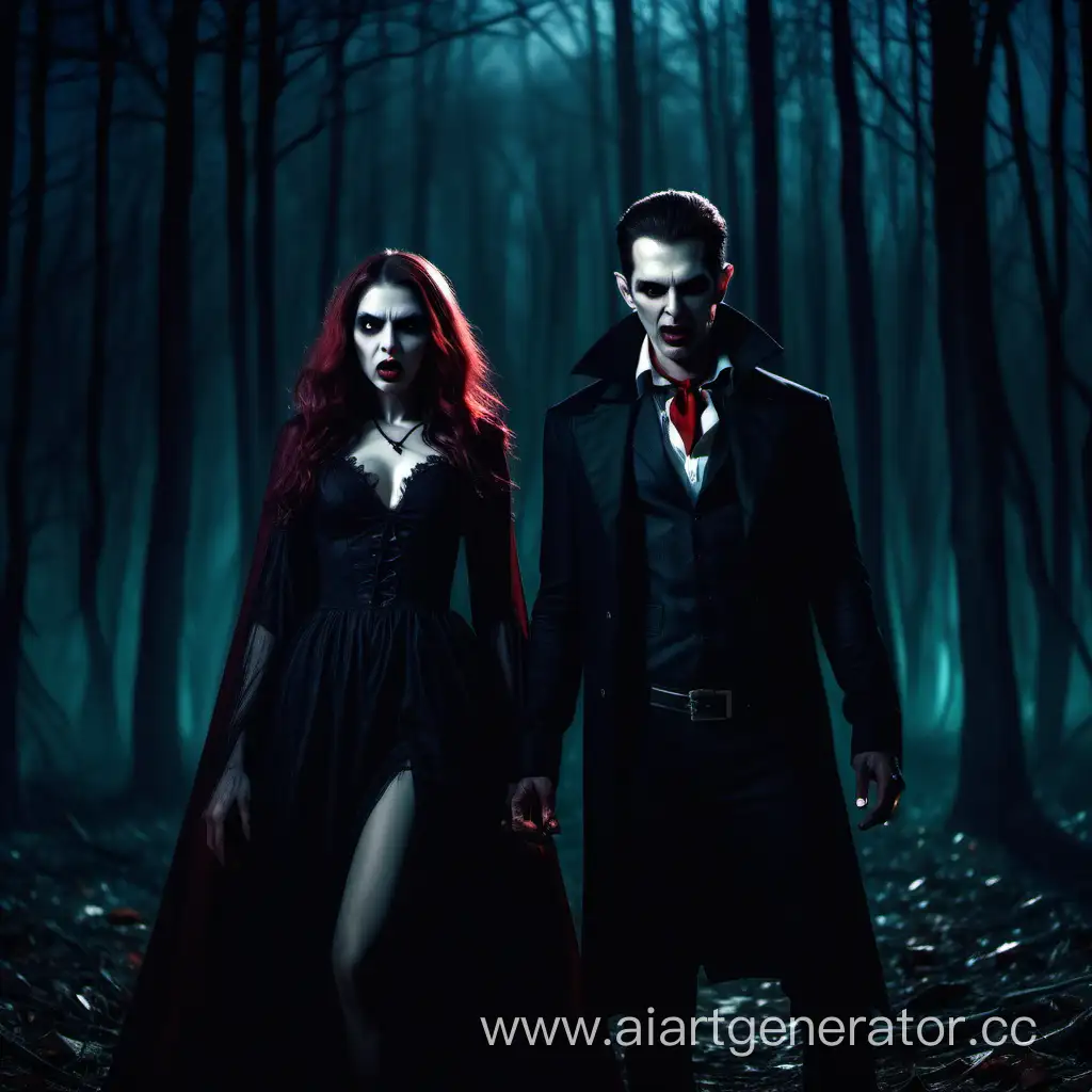 Woman and man vampires in the forest at night scary look,photo, realistic, 4k