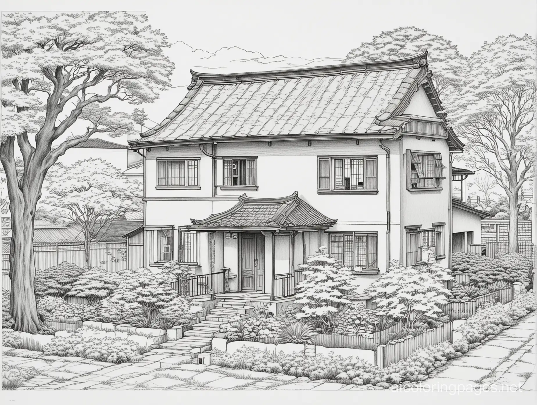Showa era house, landscape, Coloring Page, black and white, line art, white background, Simplicity, Ample White Space. The background of the coloring page is plain white to make it easy for young children to color within the lines. The outlines of all the subjects are easy to distinguish, making it simple for kids to color without too much difficulty
