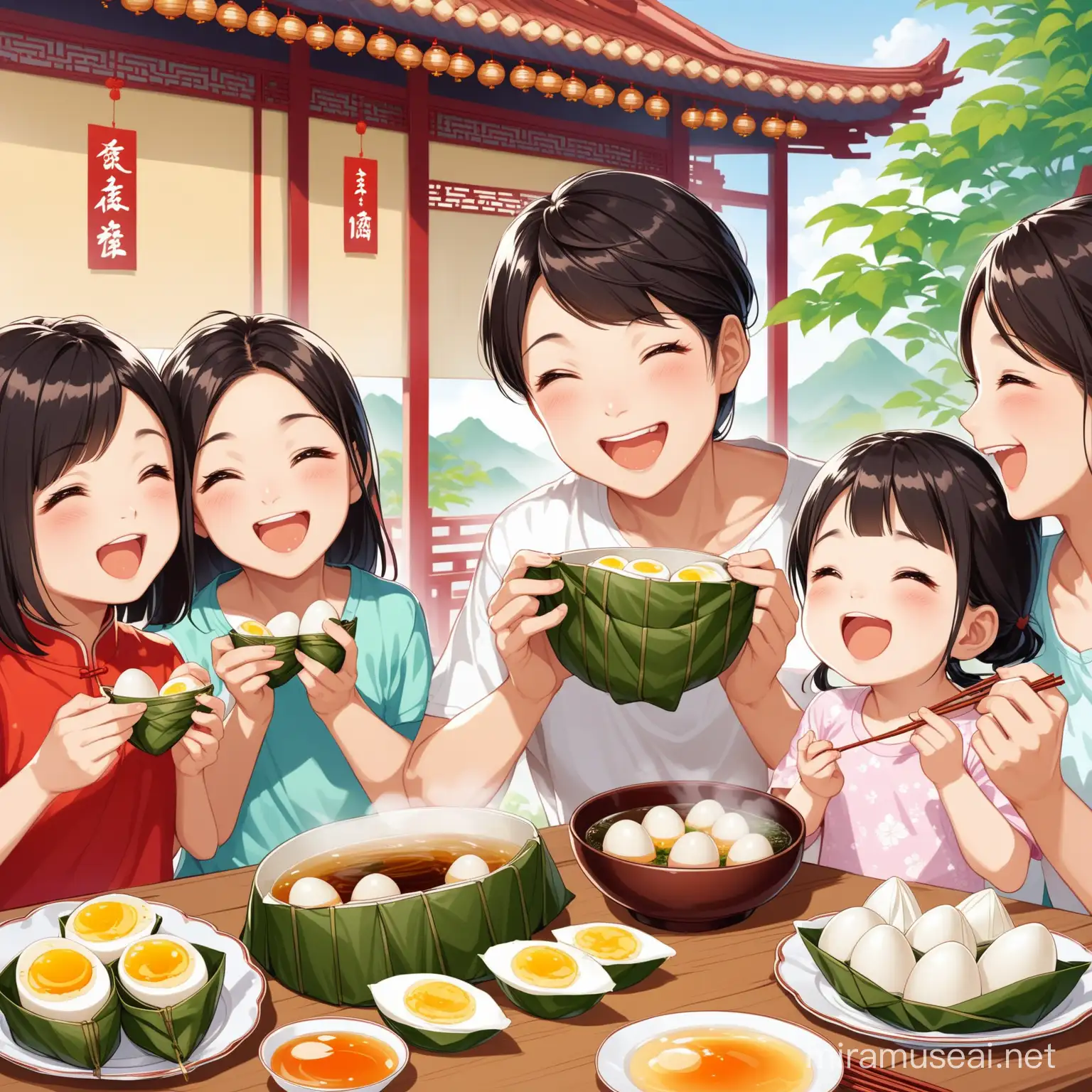 chinese family eating boiled eggs, tea, zongzi, jiandui. all of them are happy and they have different facial expressions of happiness.  it is daytime