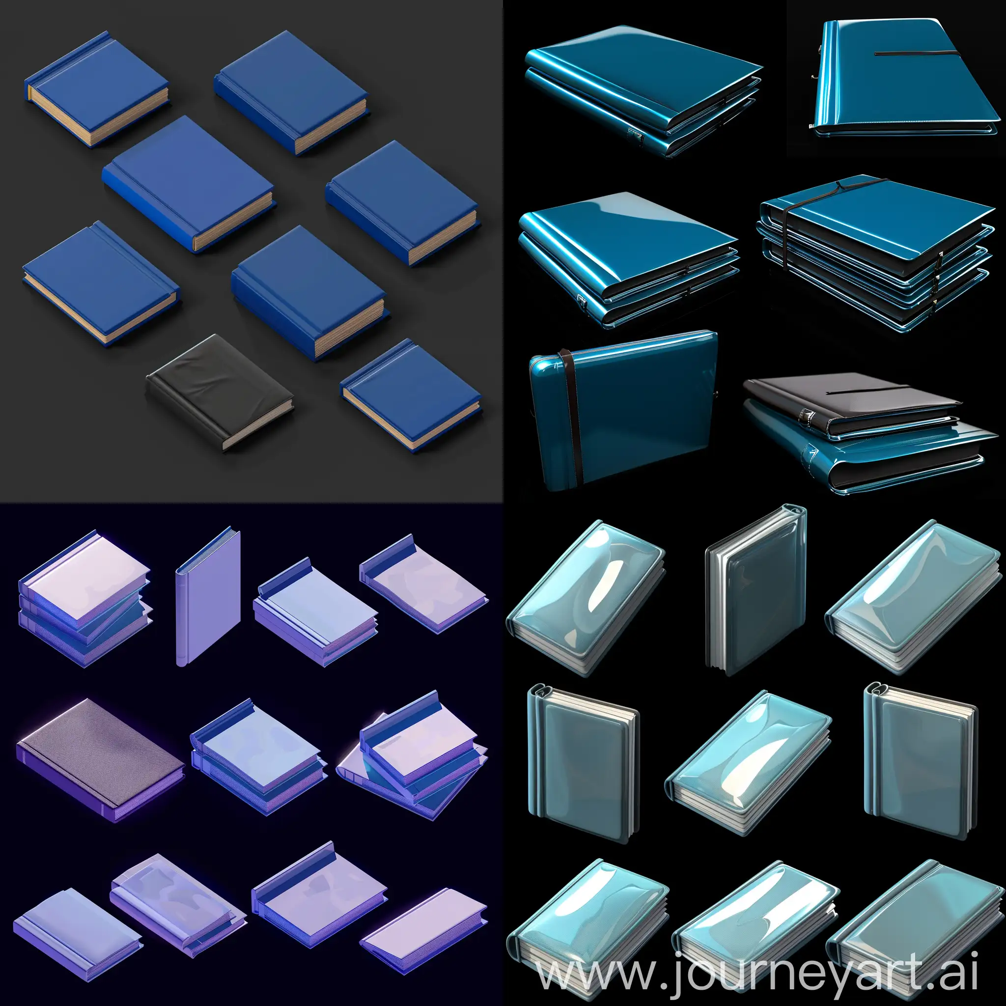 Isometric-Blue-Textbooks-on-Black-Background-Realistic-3D-Render-with-Shiny-Leather-Cover