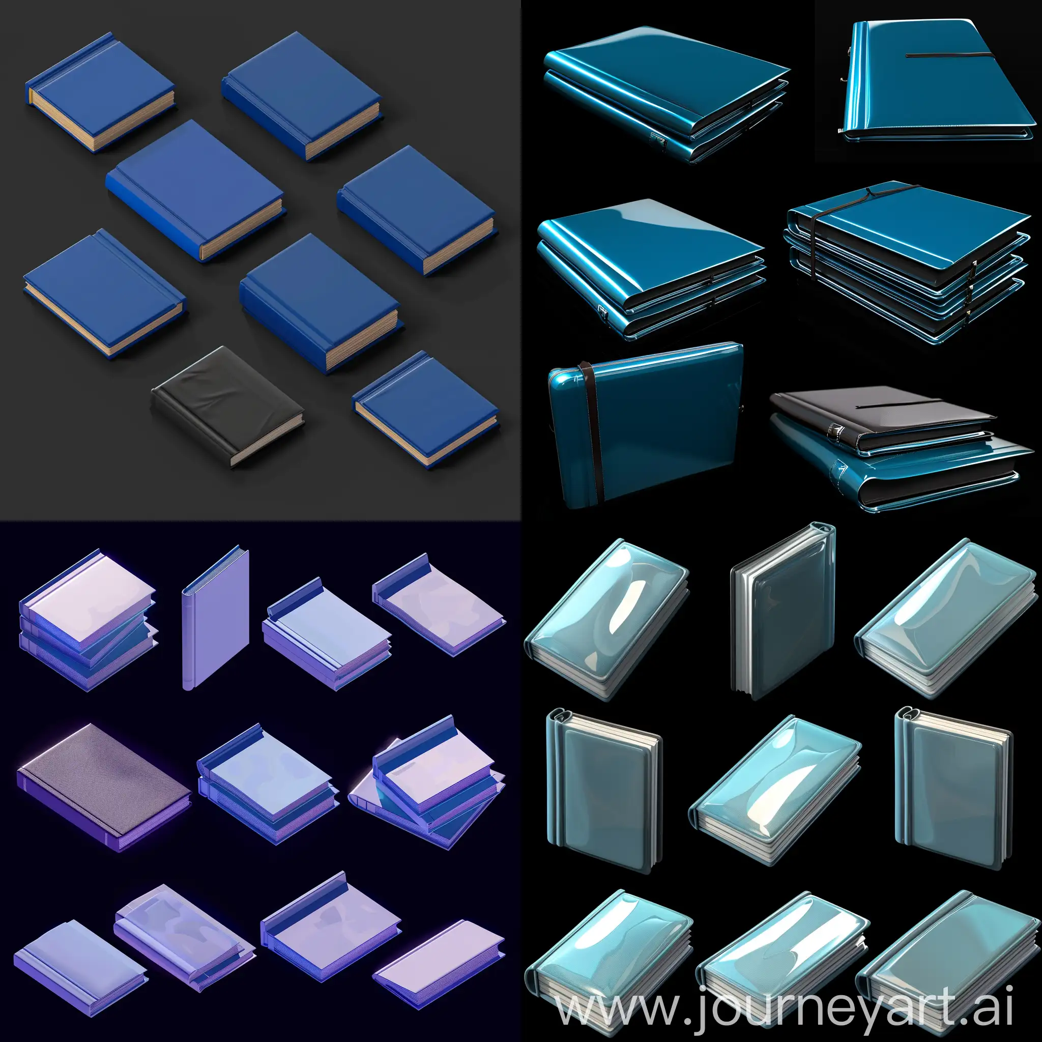 https://i.imgur.com/yfwPSIw.png https://i.imgur.com/Q8xDucH.png realistic photo of isometric set, very thin smooth blue textbooks on black background, style of unreal engine 3d render, ultrarealistic style, shiny, leather cover, isometric set, spritesheet --style raw --stylize 50  --iw 1.5 --chaos 10