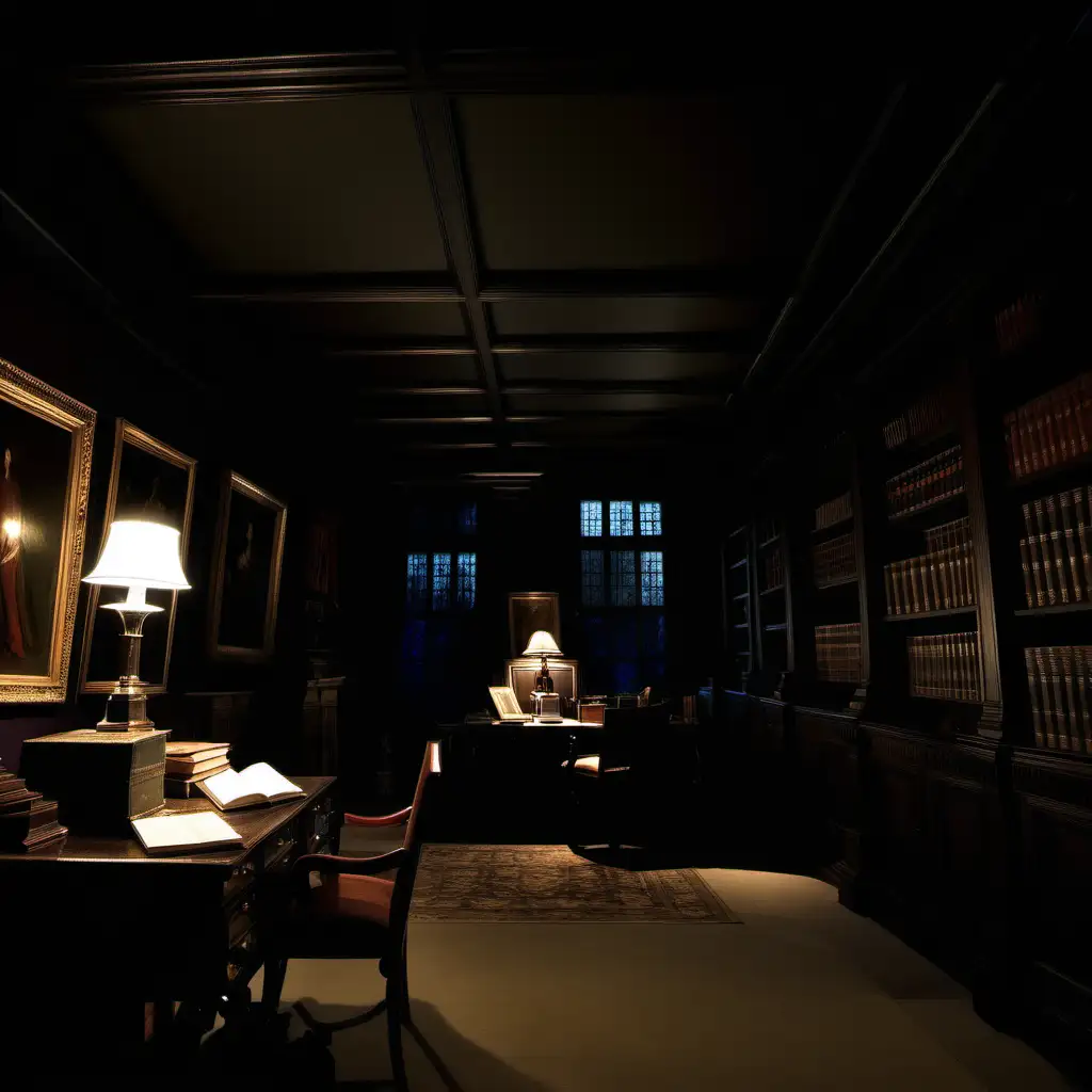 dark study in large manor house low ceiling at night