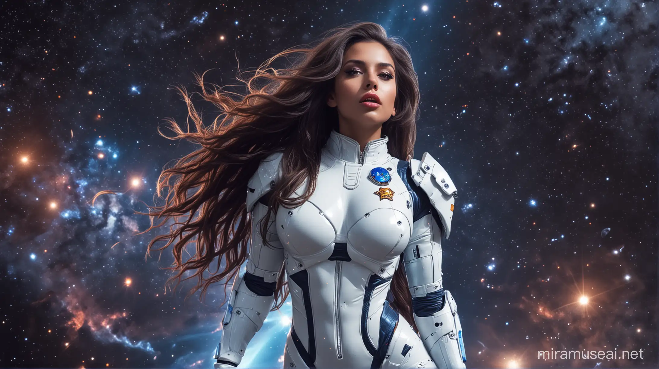 sexy latin girl, slim, long hair, wild hair, sexy makeup, bright lips, fat lips, full body, big tits, large boobs, tight spacesuit, armored spacesuit, white and blue spacesuit, bright glowing spacesuit, open space, burning planets, galaxies