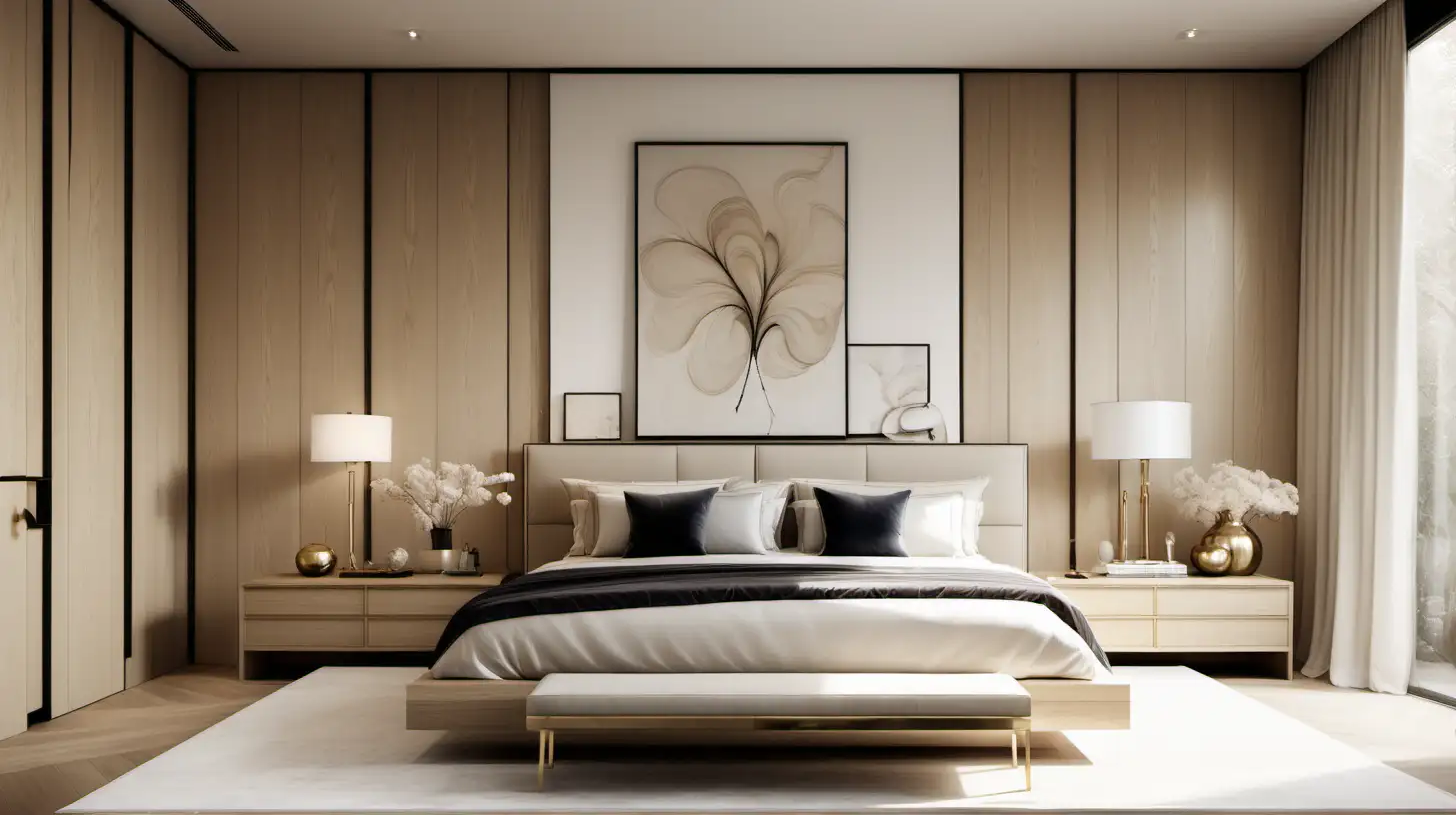 Grand Minimalist modern organic home Master Bedroom; blonde oak panels, beige, ivory, brass; high ceilings; large piece of art; 