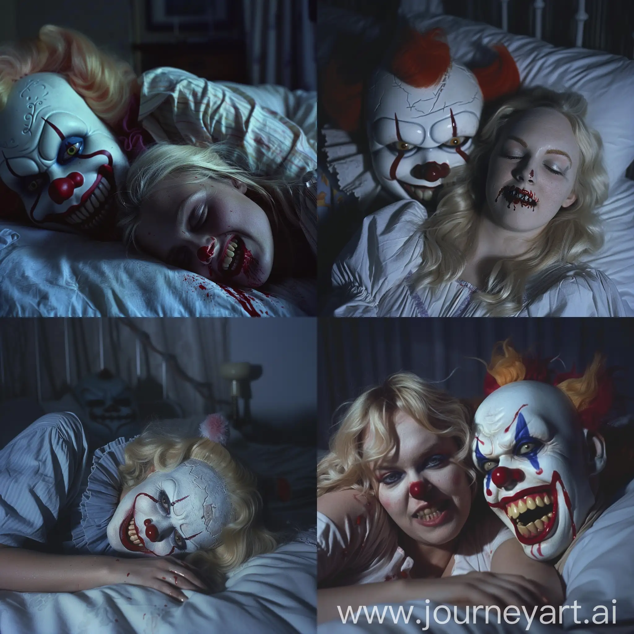 A blonde hair woman sleeping in the bed, dark bedroom, midnight, a scary clown is near her, the clown has big scary teeth, crimson liquid dripping out of clowns eyes, nightmare, dark eerie, vhs