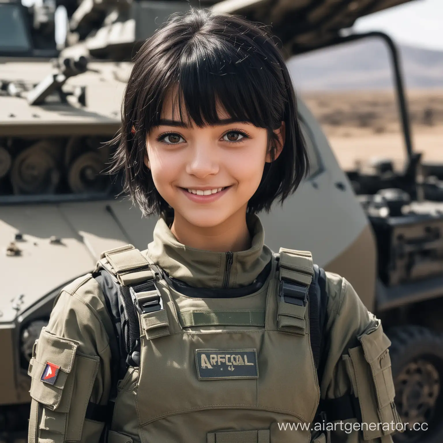 Adorable-14YearOld-Girl-in-Special-Forces-Gear-Smiling-Beside-Armored-Personnel-Carrier