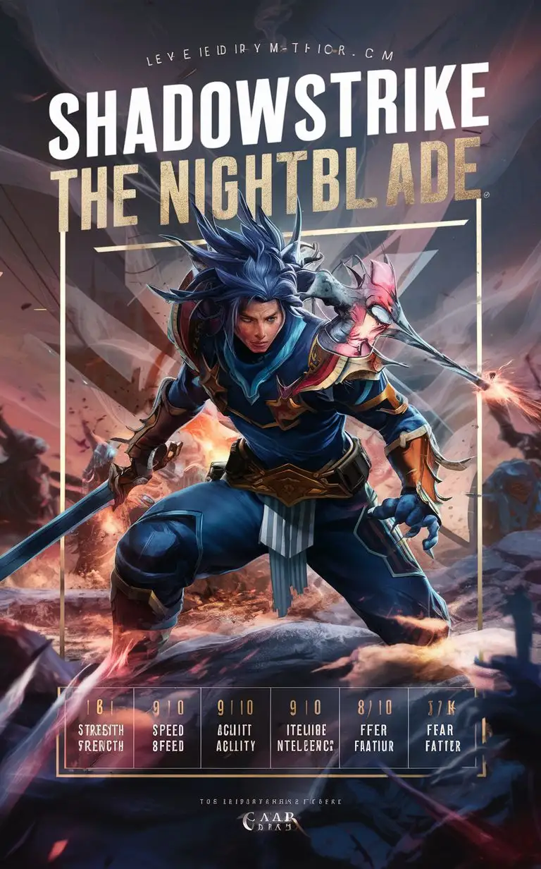 inframe add bold text""Shadowstrike the Nightblade"" complex new blood collectables card include name "Shadowstrike the Nightblade" anime card include stats"Strength: 6/10""Speed: 9/10""Agility: 9/10""Intelligence: 8/10""Fear Factor: 7/10" premium 14PT card stock authenticated breathtaking 8k 16k  visuals --chaos 90 --testpfx