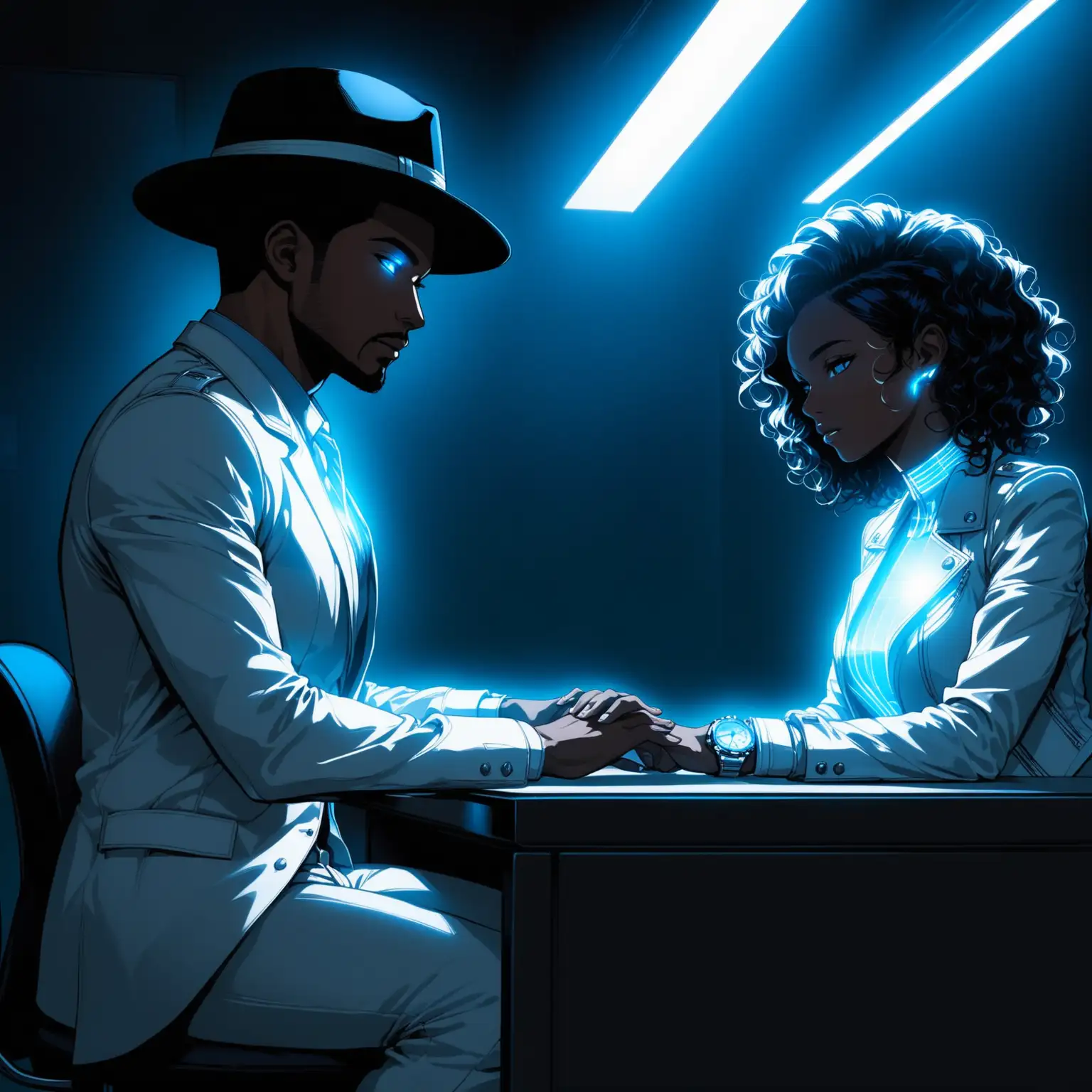 A medium shot of An African American woman in a dark office dimly lit with blue light dressed in a white biker suit and white combat boots. Her hair is a big curls in the style of a pompadour. She sits across from A Latino man in his 30’s sits at his desk in a dark office. It is night. A sheet of light pierces through the window next to him. He wears a black suit, silver futuristic watch that glows it projects a small holographic light, a black fedora hat. Half of his face hidden in the shadows. He hands her a blue and silver futuristic watch that glows it projects a small holographic light. 