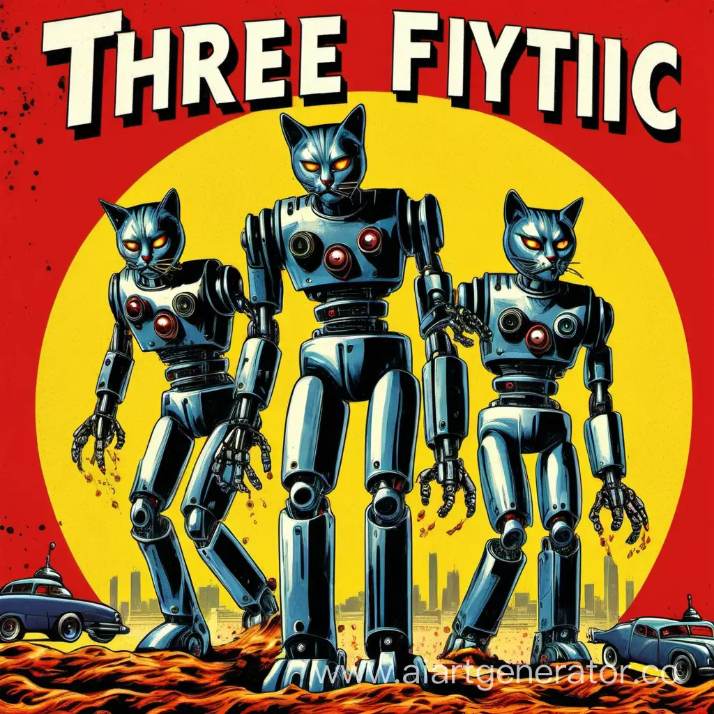 Create a lurid book cover in the style of 1950's pulp fiction covers. of 3 robot cats. The book title is called  "THREE CRYPTIC". The series is called 3C PUBLISHING. The price is $5.99