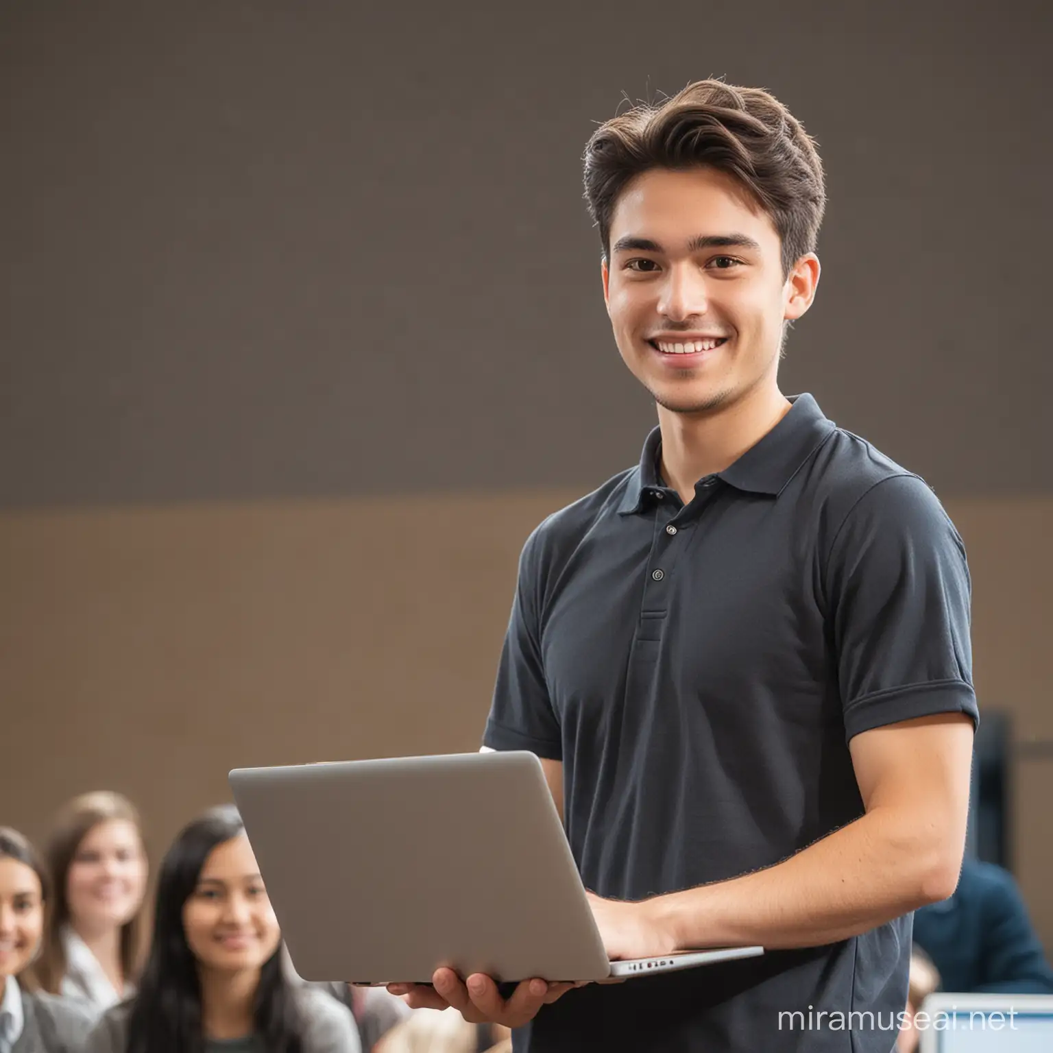 university student, presenting in front of an audience, smiling, laptop, 
