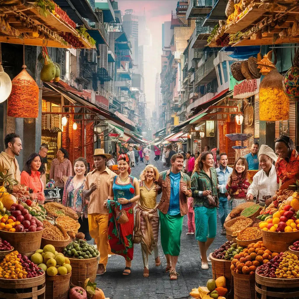 A bustling street market in a foreign city with colorful stalls and people.