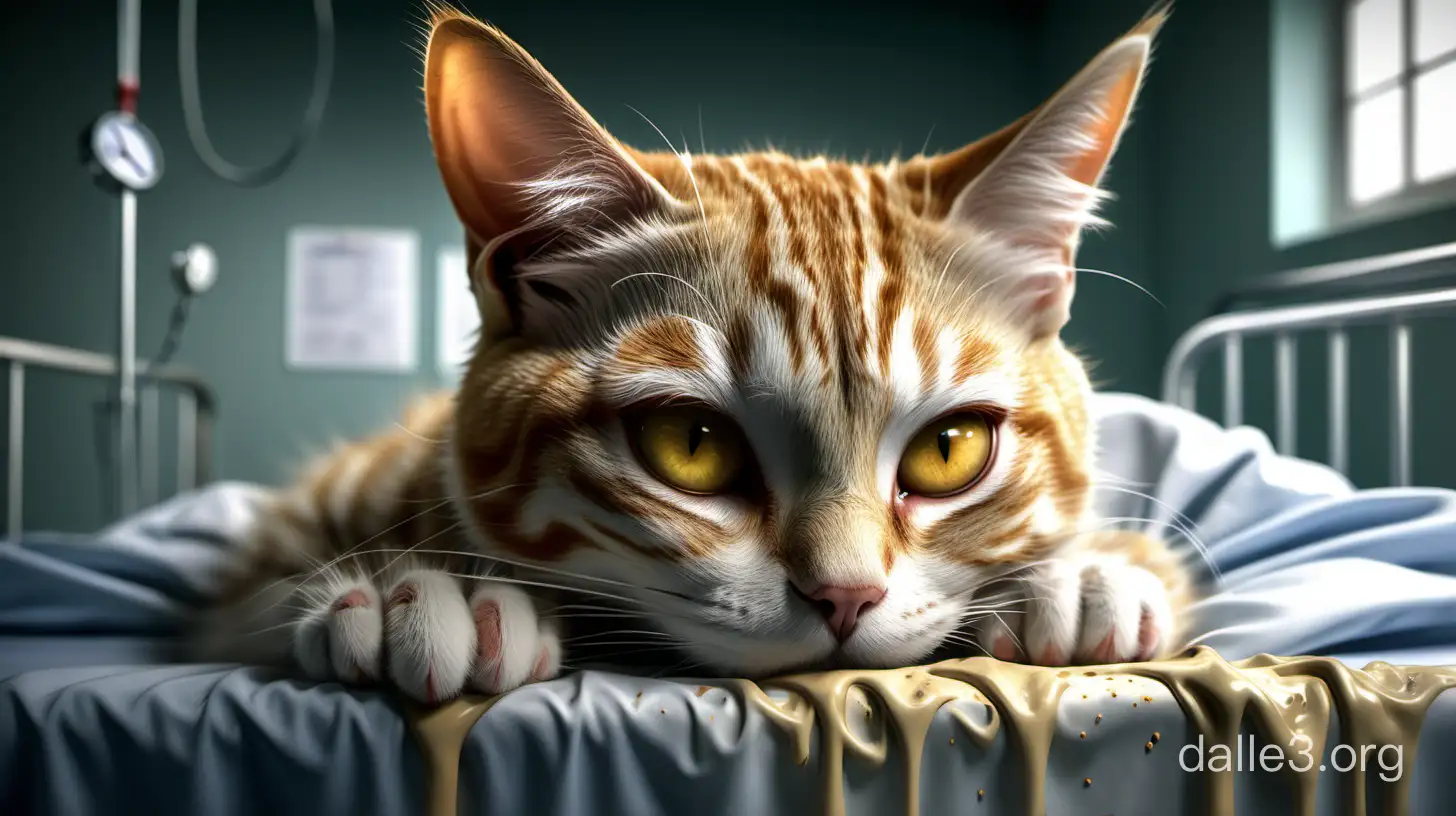 In semi real animation style beautifully, high detail, with beautiful dusty effects, a yellow tabby humanoid cat eyes closed wearing hospital clothes lying on a medical hospital bed like a human in a hospital, medical personnel visible, cat ears and collage iv drips-doctors-medical equipment high realism professional drawing in realistic style 64k hdr wallpaper hyper-detailed high detail hyperrealism careful drawing of details high resolution clear lines cinematography elaborate intricate background perspective distant angle view from afar side view naturally Interesting, mesmerizing, unhappy, unusual, poverty, poor, pitied, micro-detailed