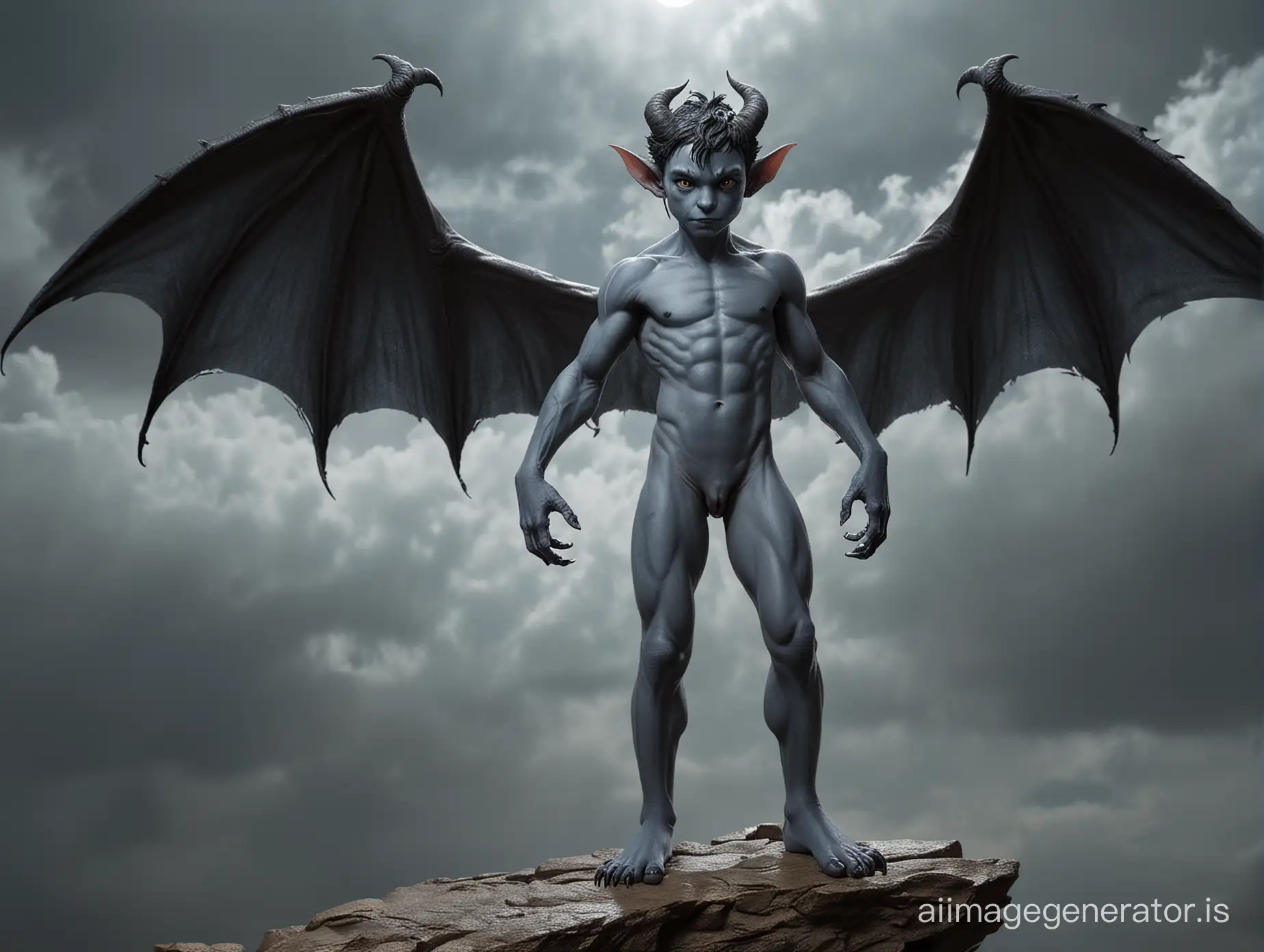 A nude demonboy with humanoid proportions and very smooth gray-blue skin and some freckles. He has natural bat-like wings and a Tail. He has pointet ears. He has dark hair. He has claws instead of fingers and toes. He has animal-like feets. Two natural small horns without any struckture growing from the boys forehead. He stands on a Rock in a dark cloudy Night. Show the entire boy in a long shot.  He stands on a Rock in a dark cloudy Night. Show the entire boy in a long shot. 