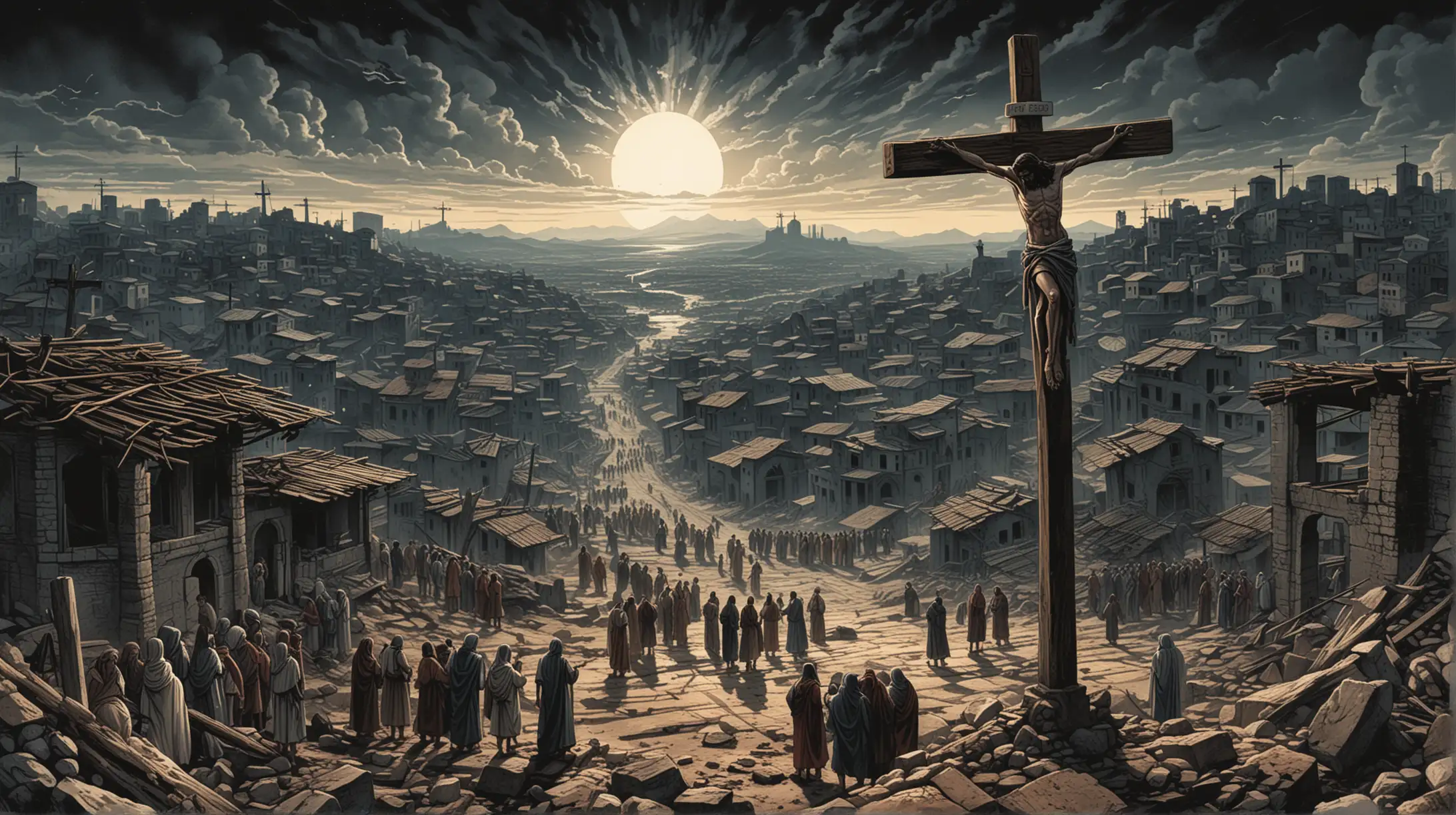 A graphic novel page featuring the dramatic imagery of the earthquake and darkness, interspersed with excerpts from the scriptures foretelling these events, highlighting the supernatural elements surrounding Jesus' crucifixion.