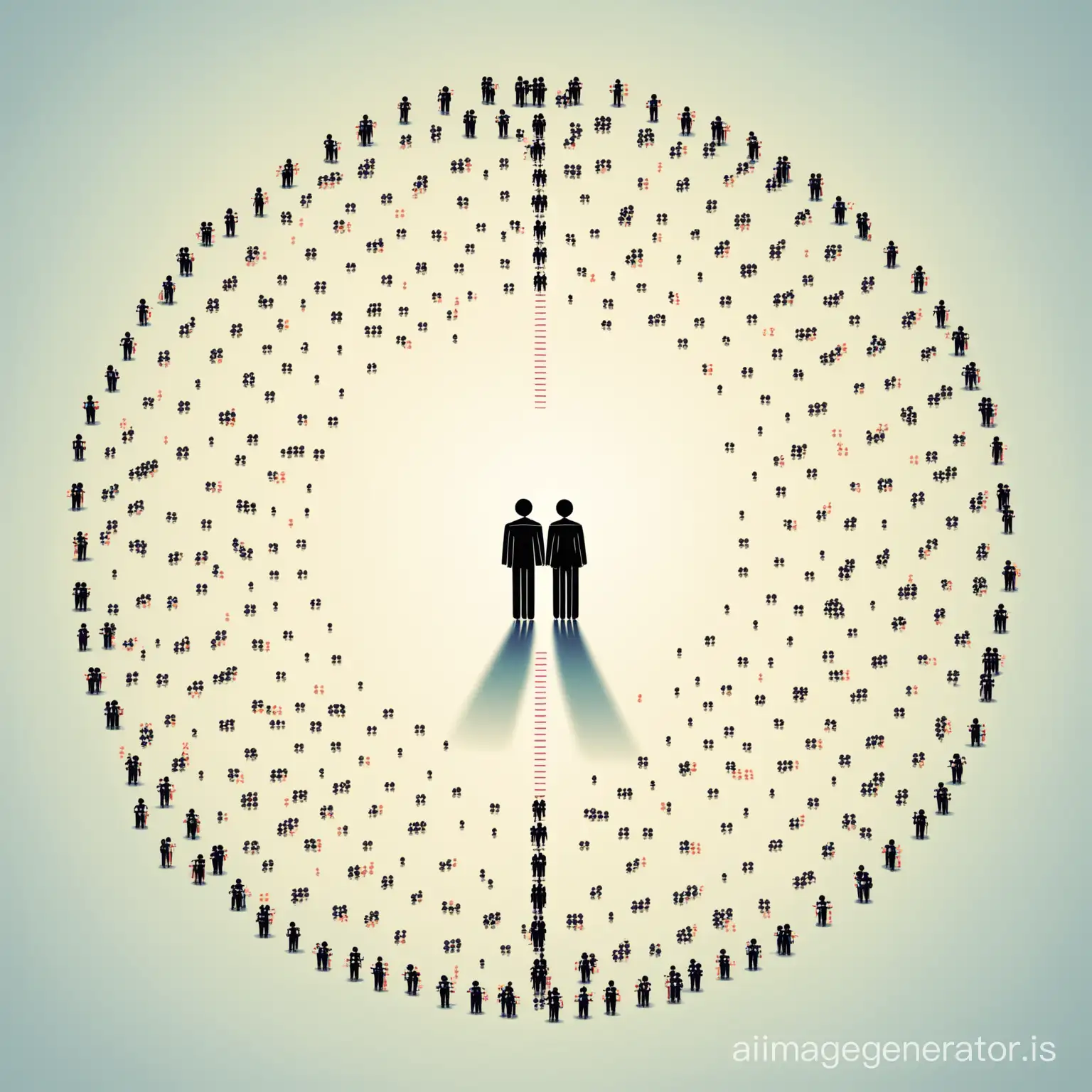 two people are opposite three people. Numbers fly around them