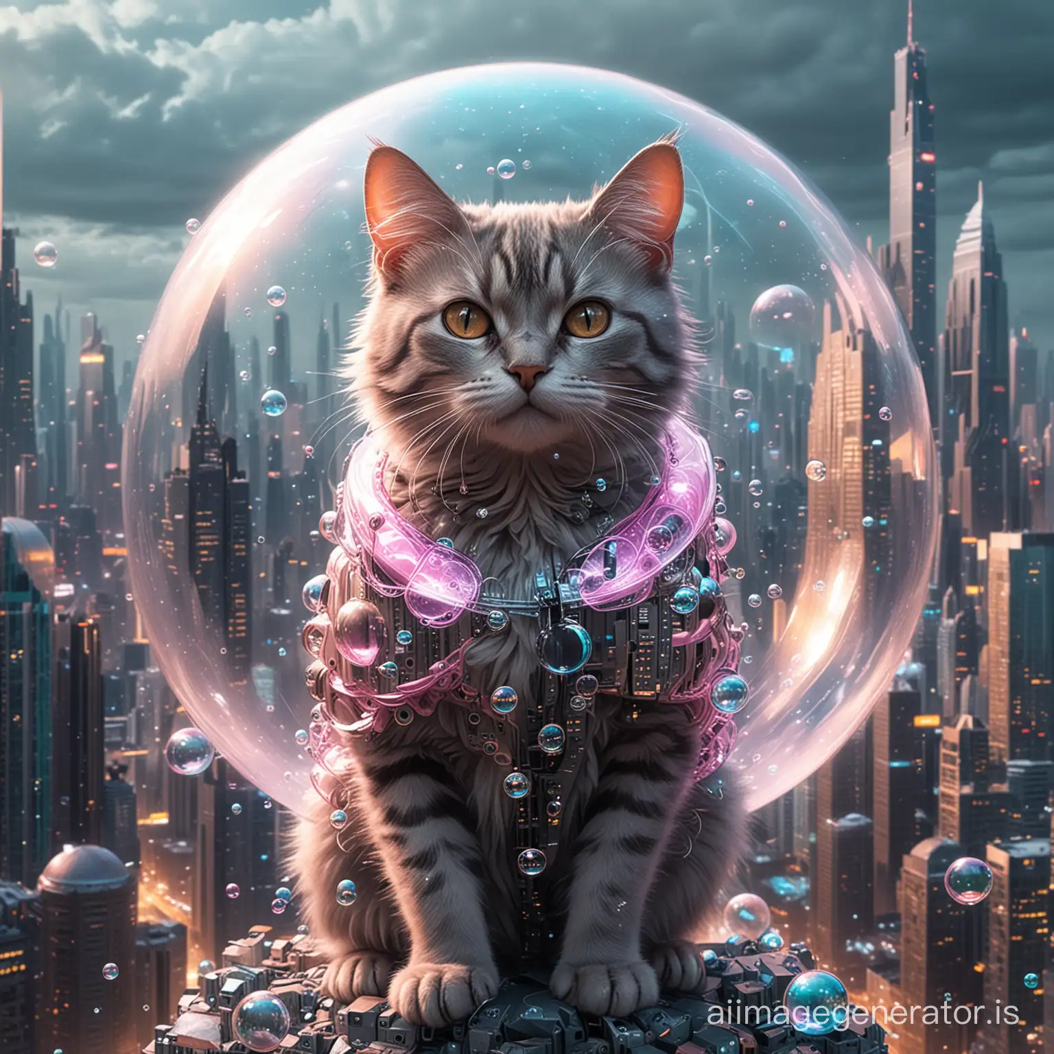 Futuristic-Cyberpunk-Cat-Encased-in-Shimmering-Bubbles-amidst-Urban-Skyscrapers