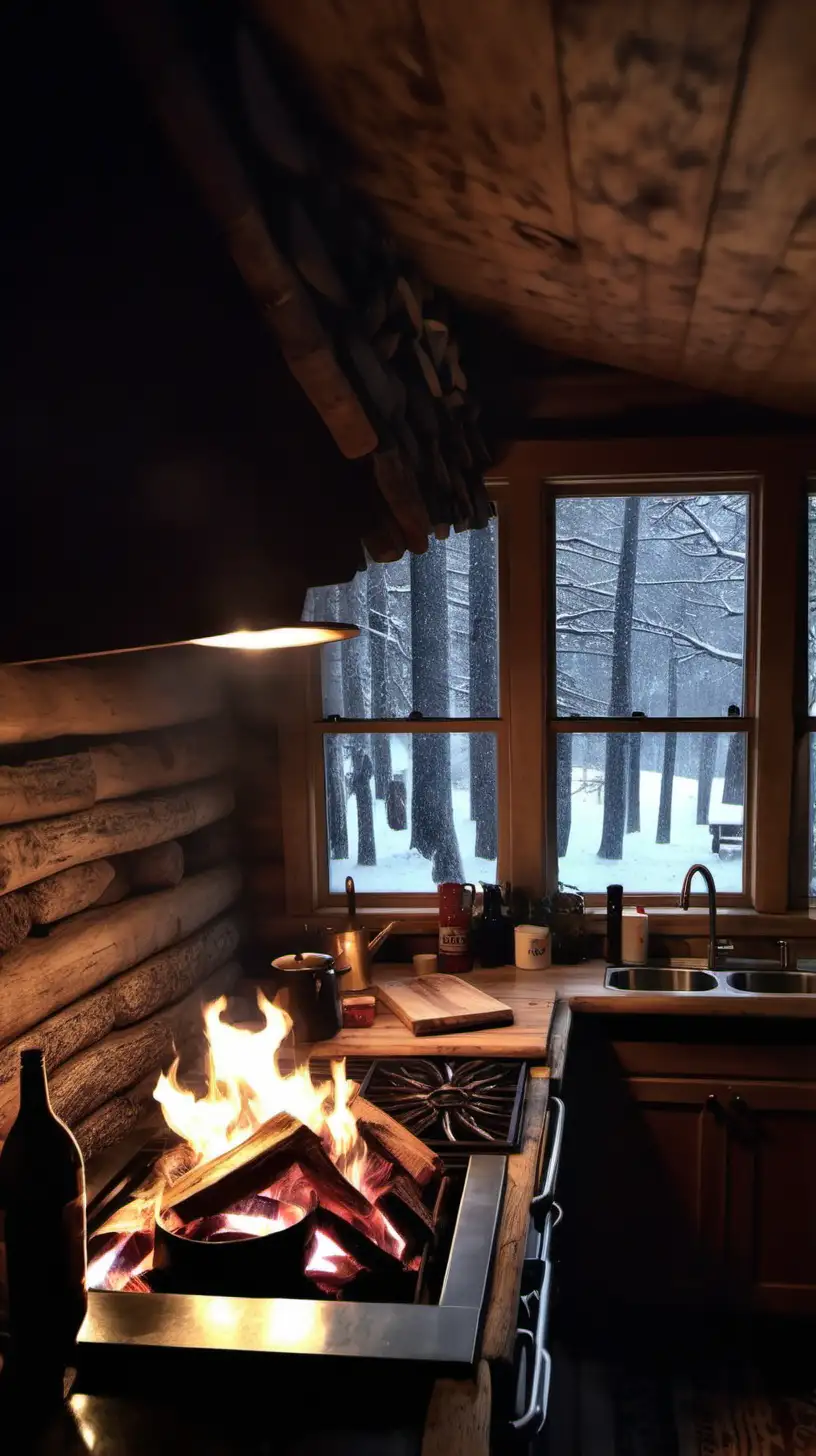 Warm and Cozy Cabin Kitchen Ambiance with Crackling Fire and Snowy Blizzard