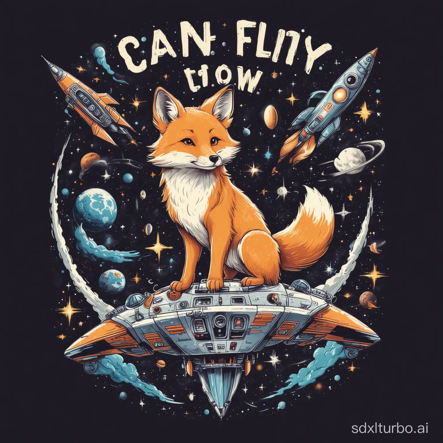 a t-shirt design with a blonde fox in a space ship that says text "I can fly now"