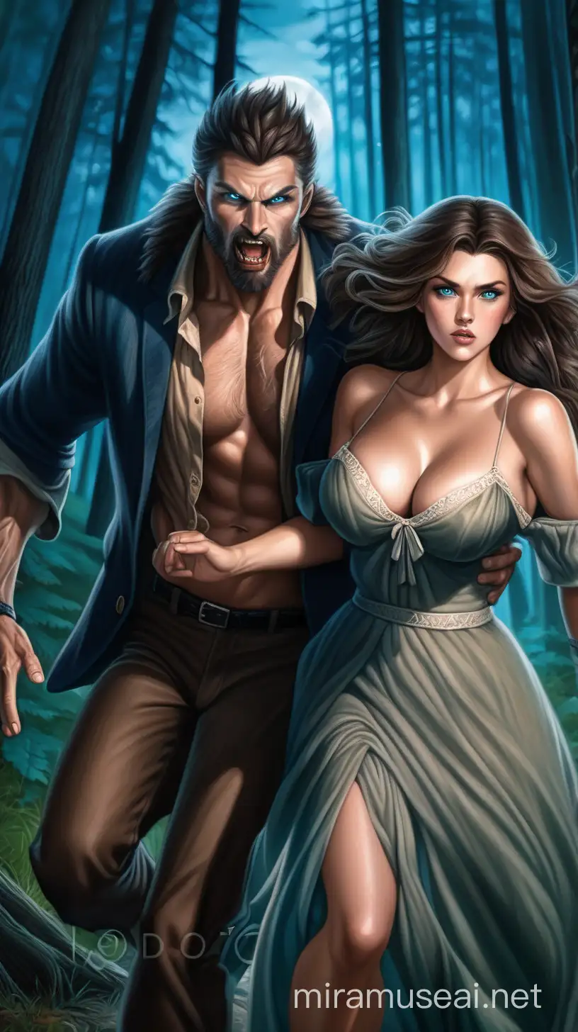 handsome lycan  / werewolf man with amber blue eyes, a beautiful brunette woman with big boobs in cottagecore dress, forest night background, chasing, claiming
