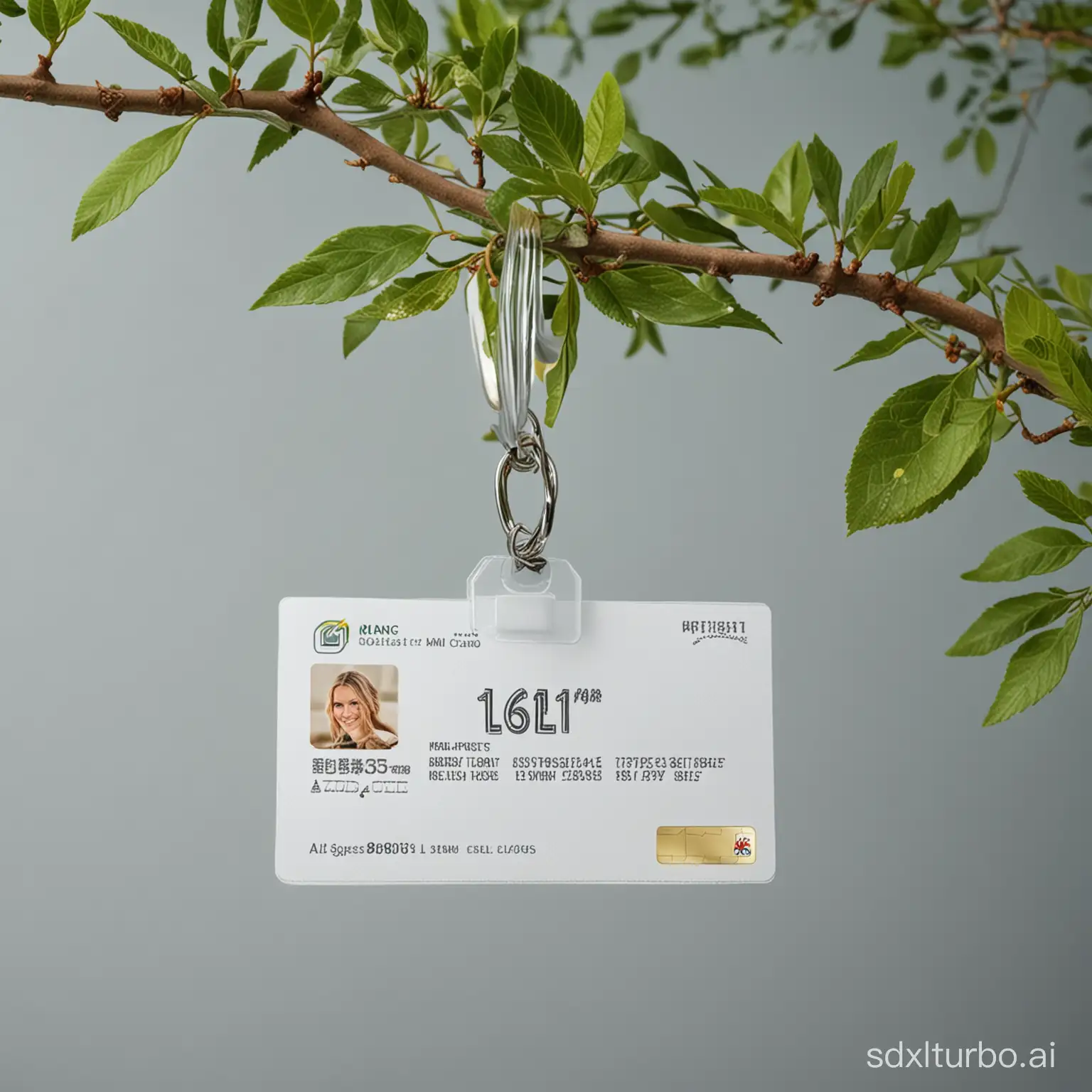 A mini work ID card set is placed on a branch with a simple background, leaves, close-up view, hdr, oc, 4k