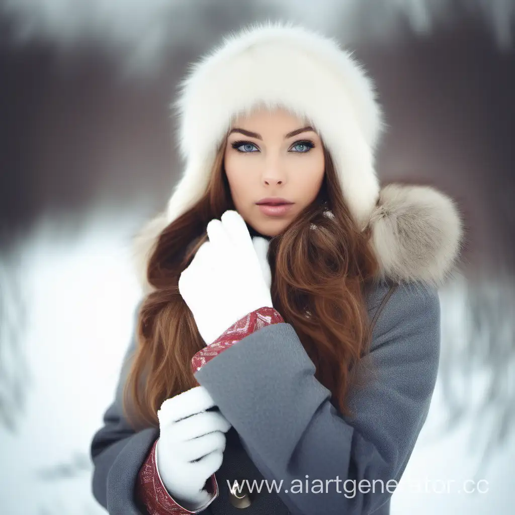 красивая девушка в зимней шапке и шубе снег русская земля

