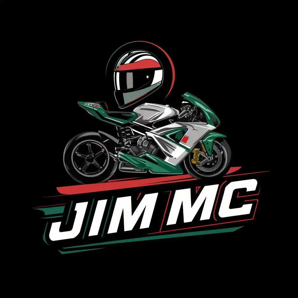 logo, Sport motorcycle and helmet, with the text "Jim mc", typography. Colors: green and white and black with some red in middle of white
