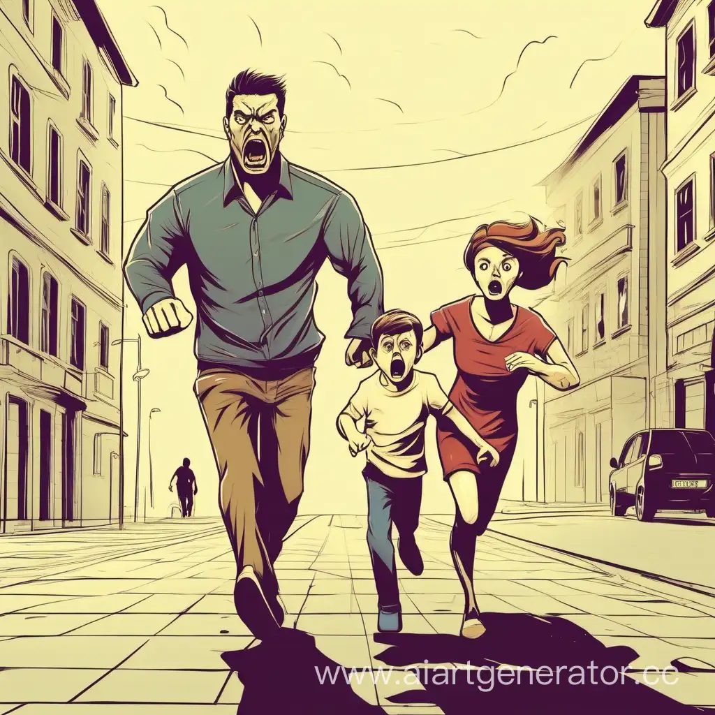 Angry-Man-Chasing-Fleeing-Family