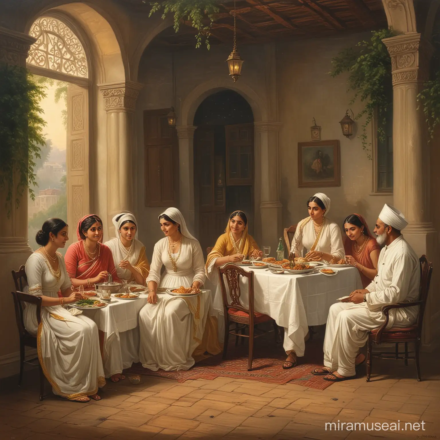Painting of 
traditional Parsi family in Bombay having dinner in 19th century
