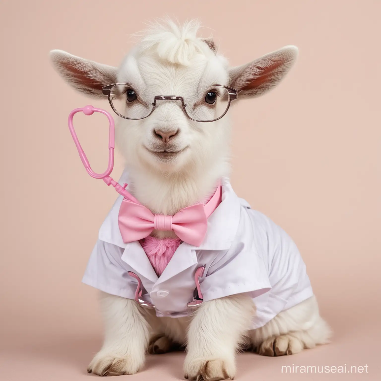 Adorable Baby Goat in Doctor Outfit with Stethoscope and Pink Bow | MUSE AI