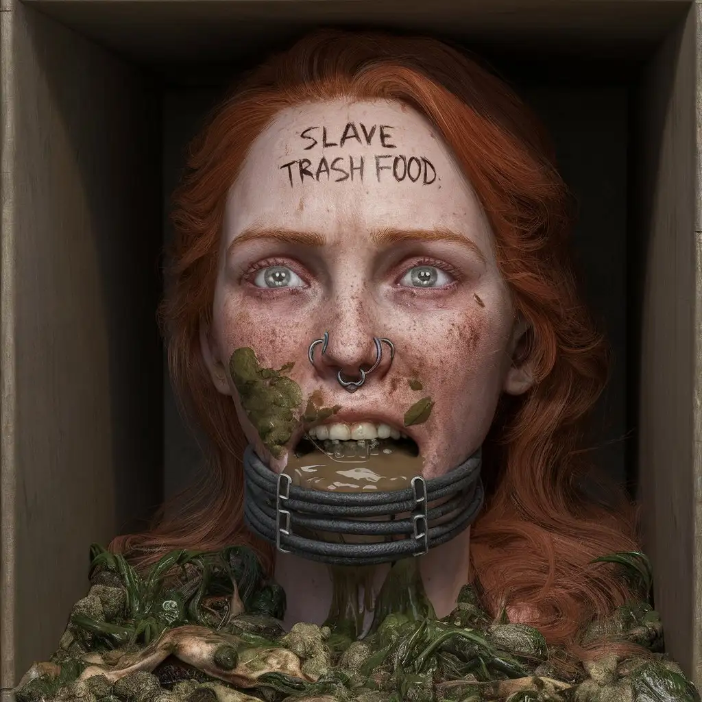 3d ultra realist resolution render, unreal engine render image portrait close up of redhead young twenty screaming crying head inside box, write burn "slave trash food" on head, nose piercing, mouth iron bound, mouth piercing, mouth open bounded, liquid mud organic on mouth, liquid mud organic trash overflow box high face .