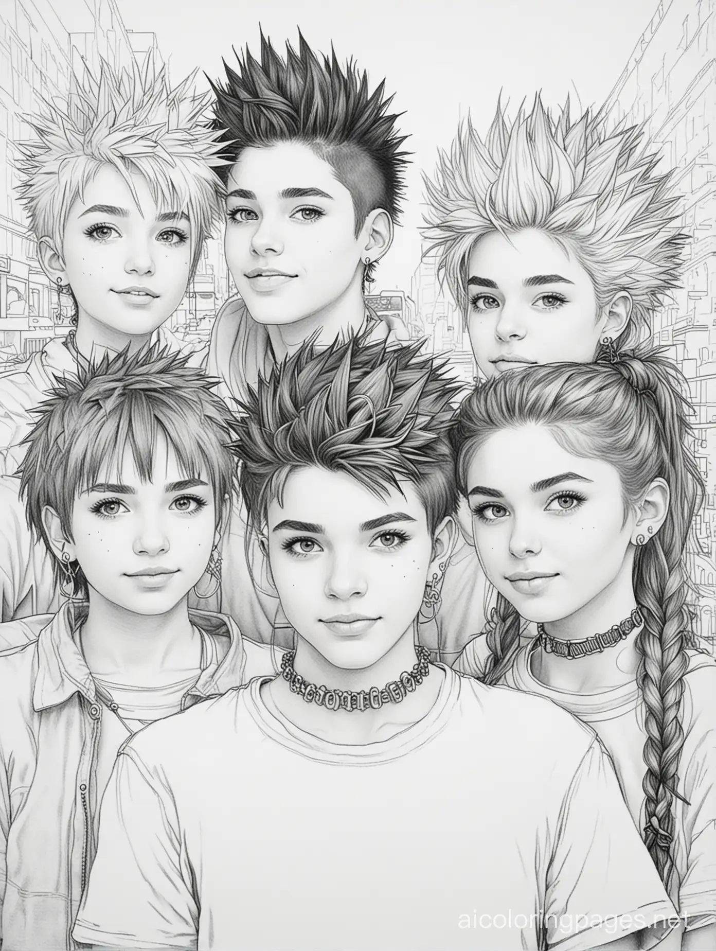 teenagers with spiky hair wearing chokers hanging out at the mall, Coloring Page, black and white, line art, white background, Simplicity, Ample White Space. The background of the coloring page is plain white to make it easy for young children to color within the lines. The outlines of all the subjects are easy to distinguish, making it simple for kids to color without too much difficulty